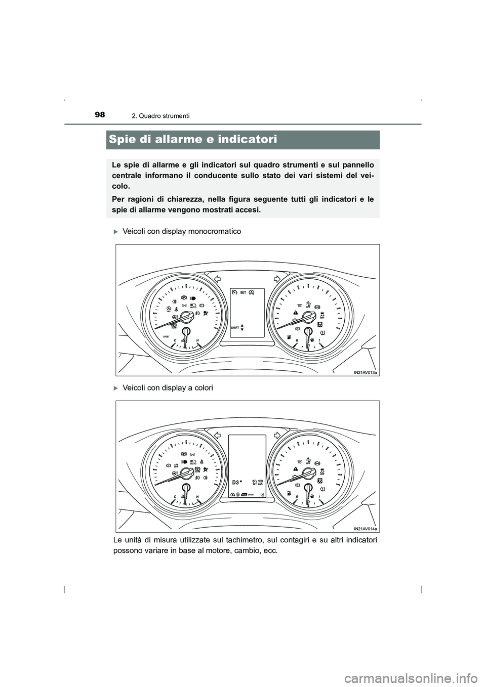 TOYOTA AVENSIS 2016  Manuale duso (in Italian) 982. Quadro strumenti
AVENSIS_OM_OM20C24L_(EL)
Spie di allarme e indicatori
�XVeicoli con display monocromatico
�XVeicoli con display a colori
Le unità di misura utilizzate sul tachim etro, sul conta