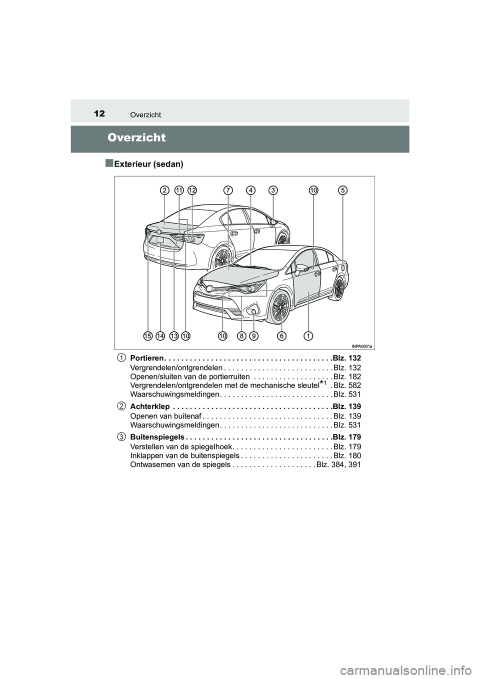 TOYOTA AVENSIS 2016  Instructieboekje (in Dutch) 12Overzicht
AVENSIS_OM_OM20C20E_(EE)
Overzicht
■
Exterieur (sedan)
Portieren . . . . . . . . . . . . . . . . . . . . . . . . . . . . . . . . . . . . . . . .Blz. 132
Vergrendelen/ontgrendelen . . . .