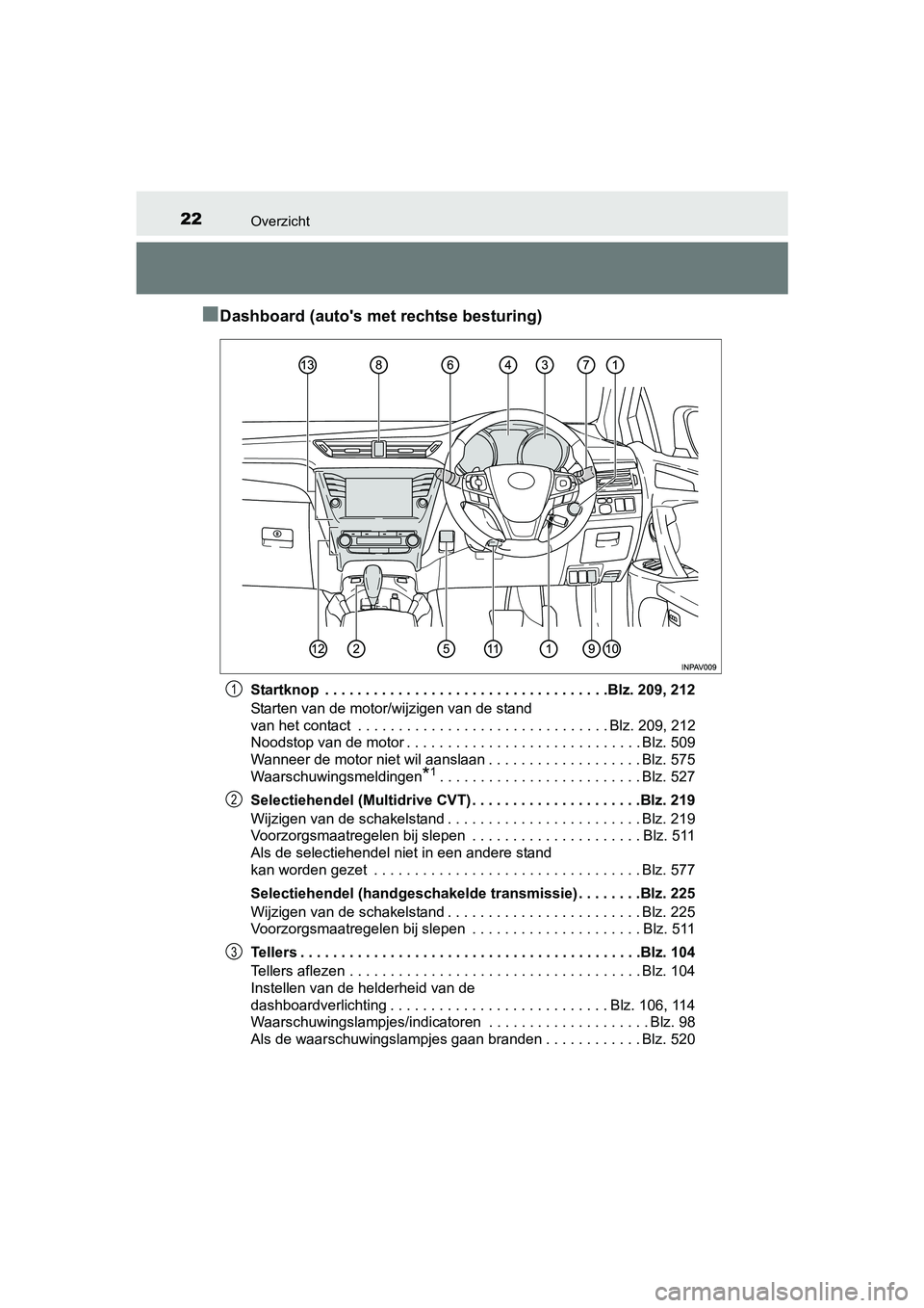 TOYOTA AVENSIS 2016  Instructieboekje (in Dutch) 22Overzicht
AVENSIS_OM_OM20C20E_(EE)
■Dashboard (autos met rechtse besturing)
Startknop  . . . . . . . . . . . . . . . . . . . . . . . . . . . . . . . . . . .Blz. 209, 212
Starten van de motor/wijz