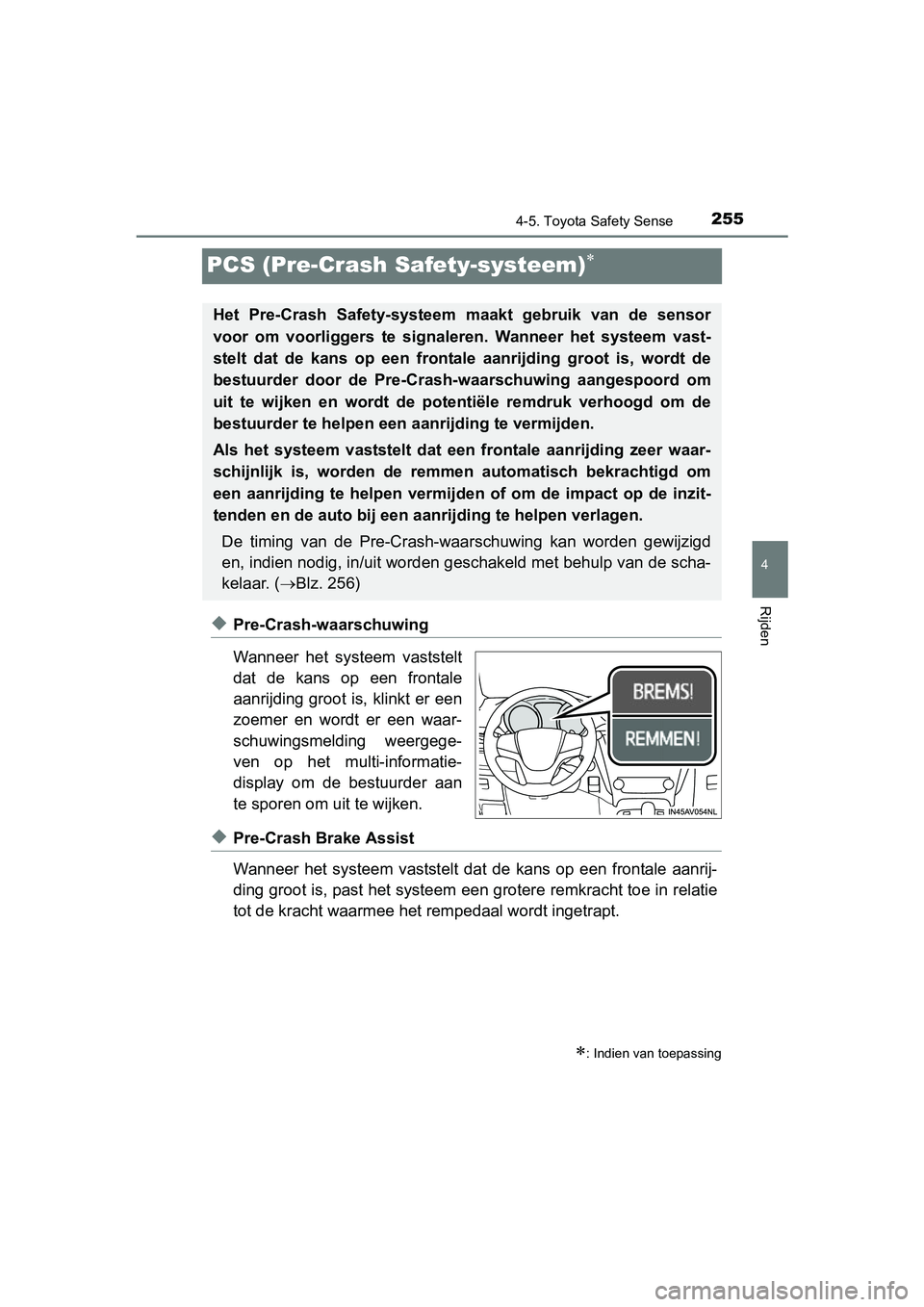 TOYOTA AVENSIS 2016  Instructieboekje (in Dutch) 255
4
4-5. Toyota Safety Sense
Rijden
AVENSIS_OM_OM20C20E_(EE)
PCS (Pre-Crash Safety-systeem)
◆Pre-Crash-waarschuwing
Wanneer het systeem vaststelt
dat de kans op een frontale
aanrijding groot is
