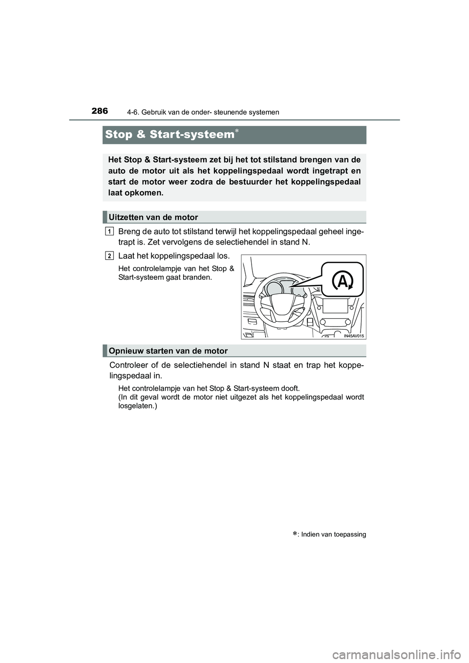 TOYOTA AVENSIS 2016  Instructieboekje (in Dutch) 2864-6. Gebruik van de onder- steunende systemen
AVENSIS_OM_OM20C20E_(EE)
Stop & Start-systeem
Breng de auto tot stilstand terwijl het koppelingspedaal geheel inge-
trapt is. Zet vervolgens de sele