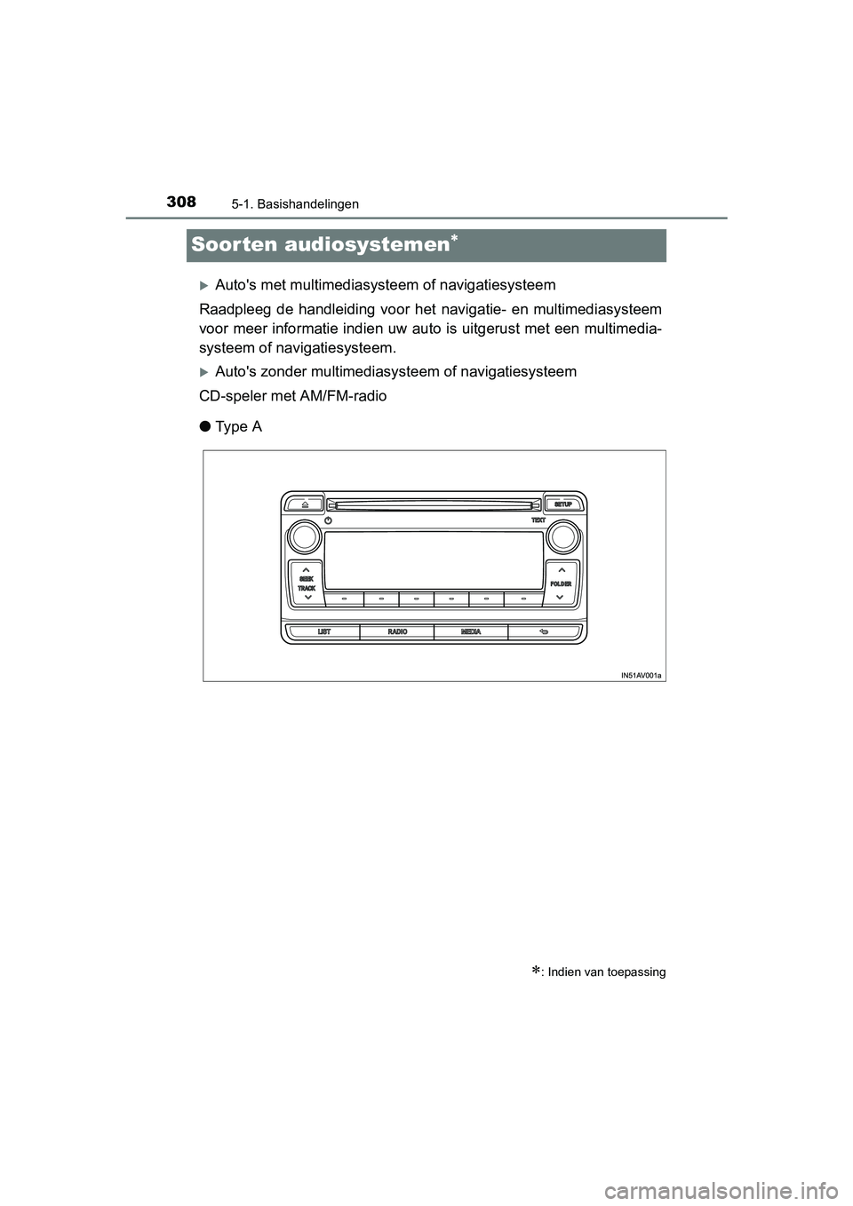 TOYOTA AVENSIS 2016  Instructieboekje (in Dutch) 3085-1. Basishandelingen
AVENSIS_OM_OM20C20E_(EE)
Soorten audiosystemen
Autos met multimediasysteem of navigatiesysteem
Raadpleeg de handleiding voor he t navigatie- en multimediasysteem
voor m