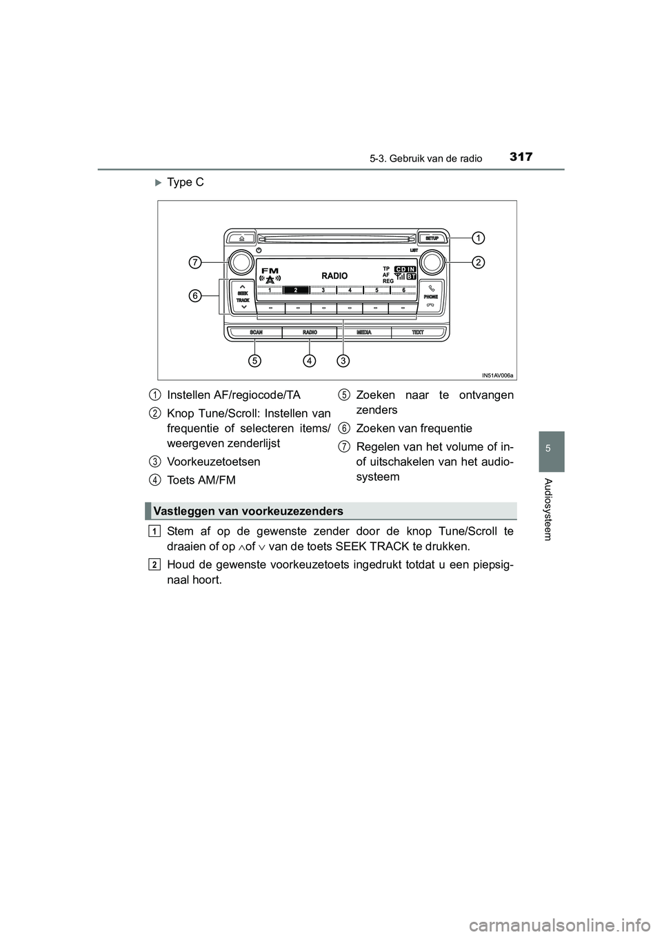TOYOTA AVENSIS 2016  Instructieboekje (in Dutch) 3175-3. Gebruik van de radio
5
Audiosysteem
AVENSIS_OM_OM20C20E_(EE)
Ty p e  C
Stem af op de gewenste zender door de knop Tune/Scroll te
draaien of op of   van de toets SEEK TRACK te drukken.