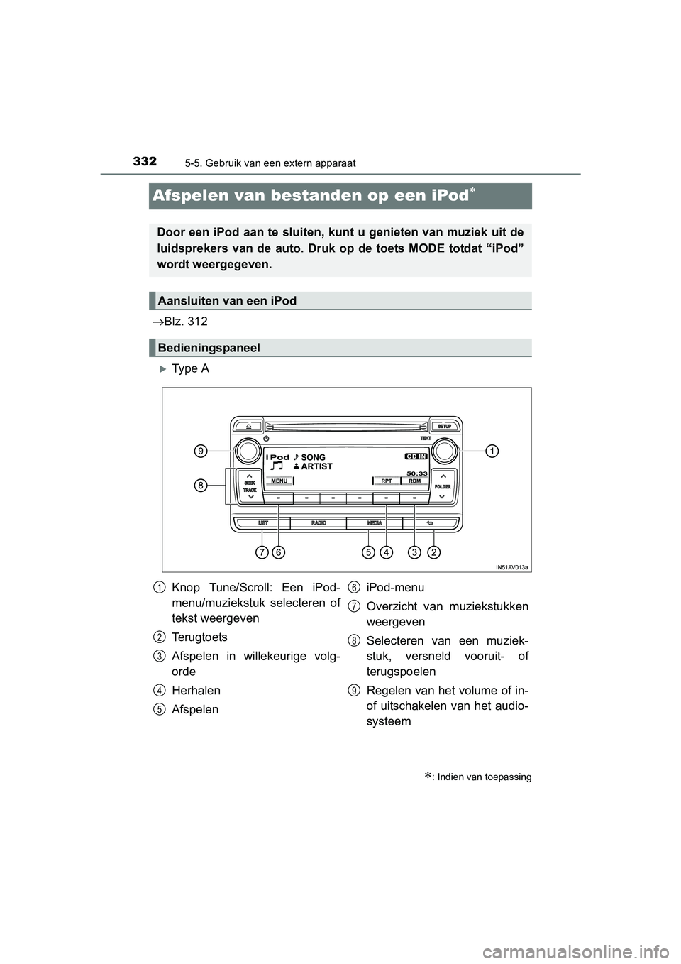 TOYOTA AVENSIS 2016  Instructieboekje (in Dutch) 3325-5. Gebruik van een extern apparaat
AVENSIS_OM_OM20C20E_(EE)
Afspelen van bestanden op een iPod
Blz. 312
Ty p e  A
: Indien van toepassing
Door een iPod aan te sluiten, k unt u geniete