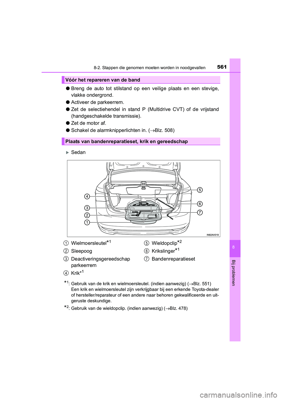 TOYOTA AVENSIS 2016  Instructieboekje (in Dutch) 5618-2. Stappen die genomen moeten worden in noodgevallen
AVENSIS_OM_OM20C20E_(EE)
8
Bij problemen
●Breng de auto tot stilstand op  een veilige plaats en een stevige,
vlakke ondergrond.
● Activeer