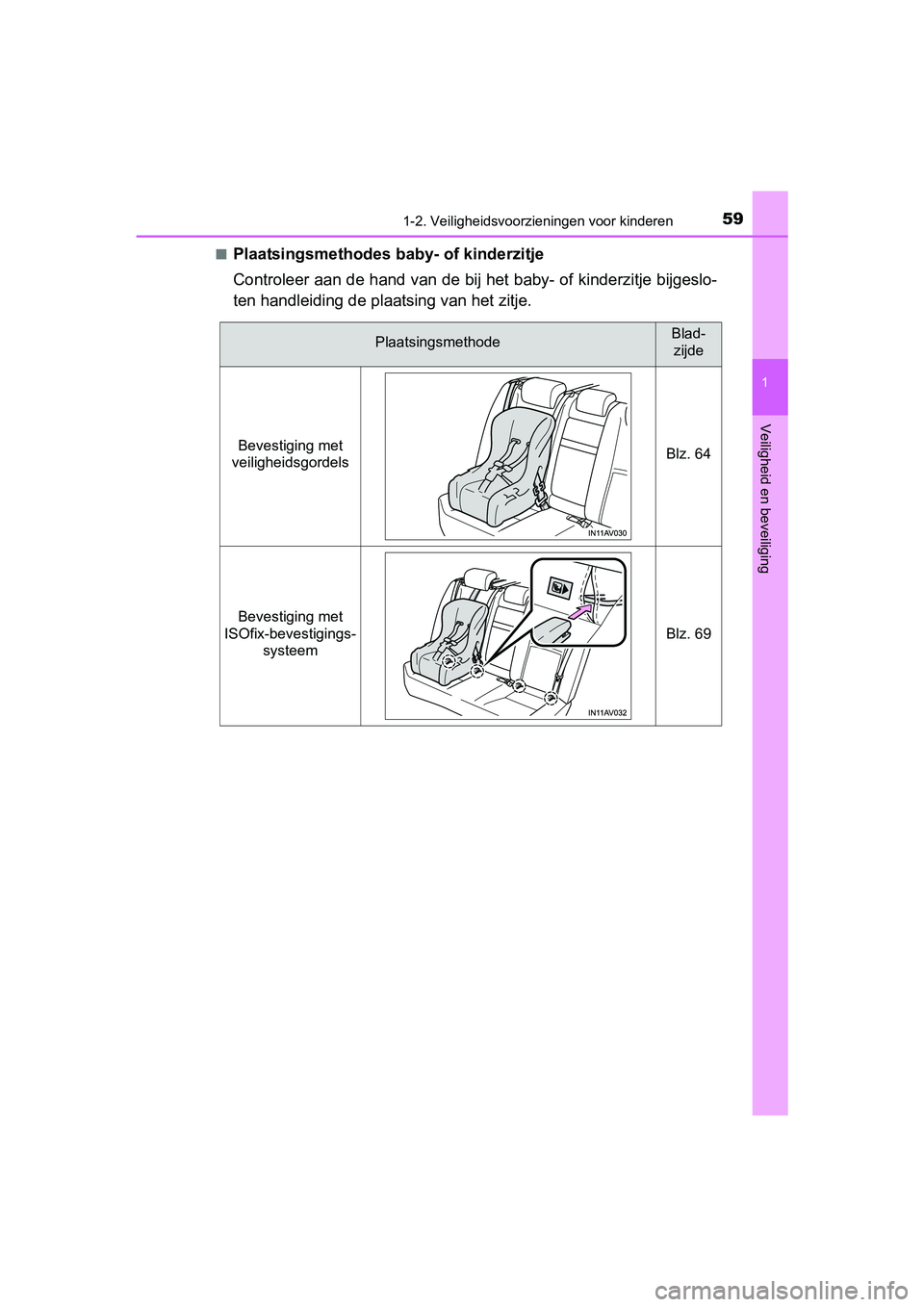 TOYOTA AVENSIS 2016  Instructieboekje (in Dutch) 591-2. Veiligheidsvoorzieningen voor kinderen
1
AVENSIS_OM_OM20C20E_(EE)
Veiligheid en beveiliging
■Plaatsingsmethodes baby- of kinderzitje
Controleer aan de hand van de bij het baby- of kinderzitje