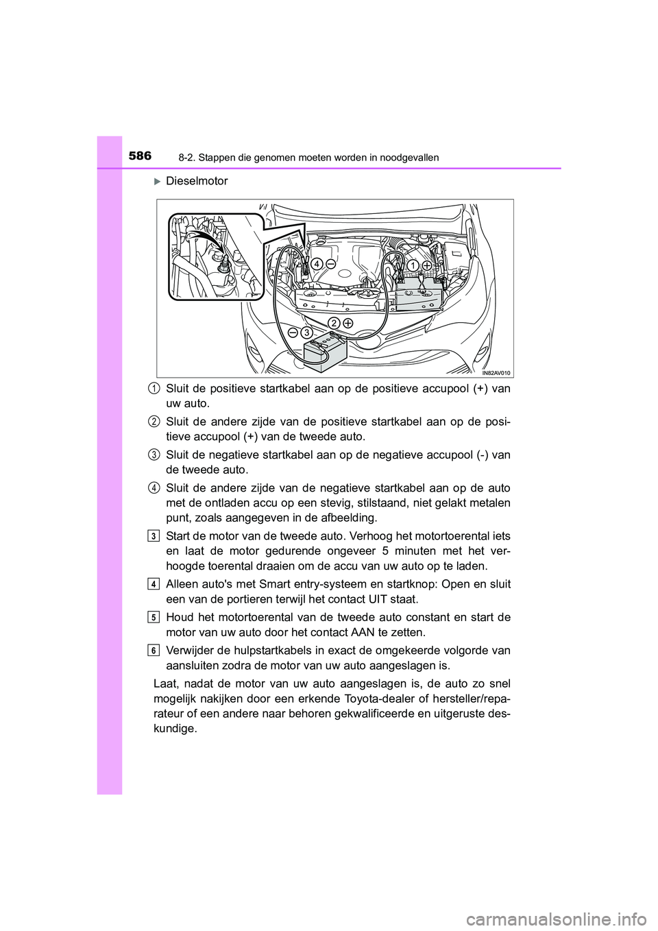 TOYOTA AVENSIS 2016  Instructieboekje (in Dutch) 5868-2. Stappen die genomen moeten worden in noodgevallen
AVENSIS_OM_OM20C20E_(EE)
Dieselmotor
Sluit de positieve startkabel aan op de positieve accupool (+) van
uw auto.
Sluit de andere zijde van 