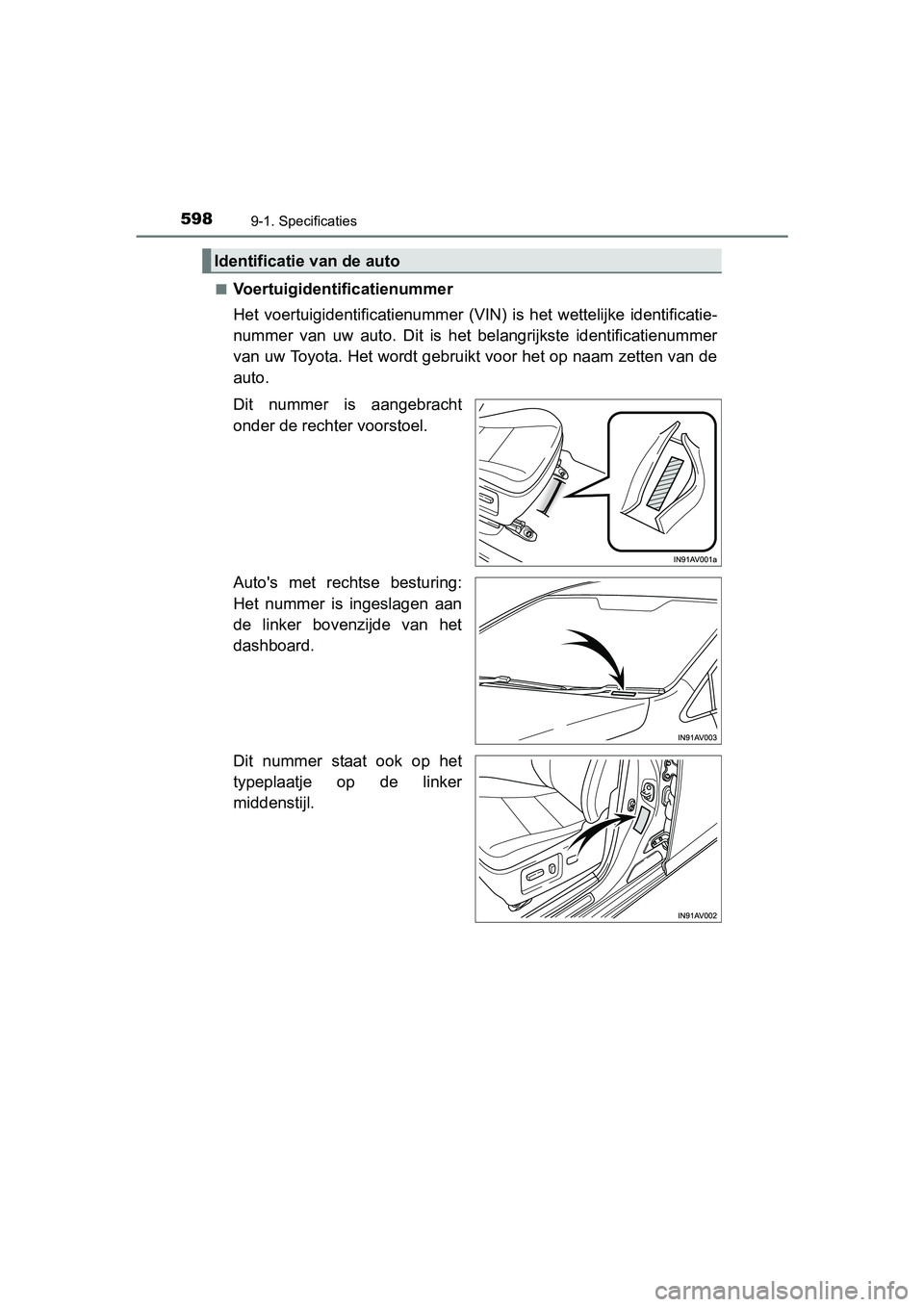 TOYOTA AVENSIS 2016  Instructieboekje (in Dutch) 5989-1. Specificaties
AVENSIS_OM_OM20C20E_(EE)■
Voertuigidentificatienummer
Het voertuigidentificatienummer (VIN
) is het wettelijke identificatie-
nummer van uw auto. Dit is het belangrijkste ident