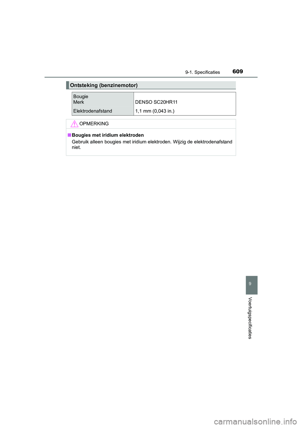 TOYOTA AVENSIS 2016  Instructieboekje (in Dutch) 6099-1. Specificaties
AVENSIS_OM_OM20C20E_(EE)
9
Voertuigspecificaties
Ontsteking (benzinemotor)
Bougie
Merk DENSO SC20HR11
Elektrodenafstand 1,1 mm (0,043 in.)
OPMERKING
■Bougies met iridium elektr