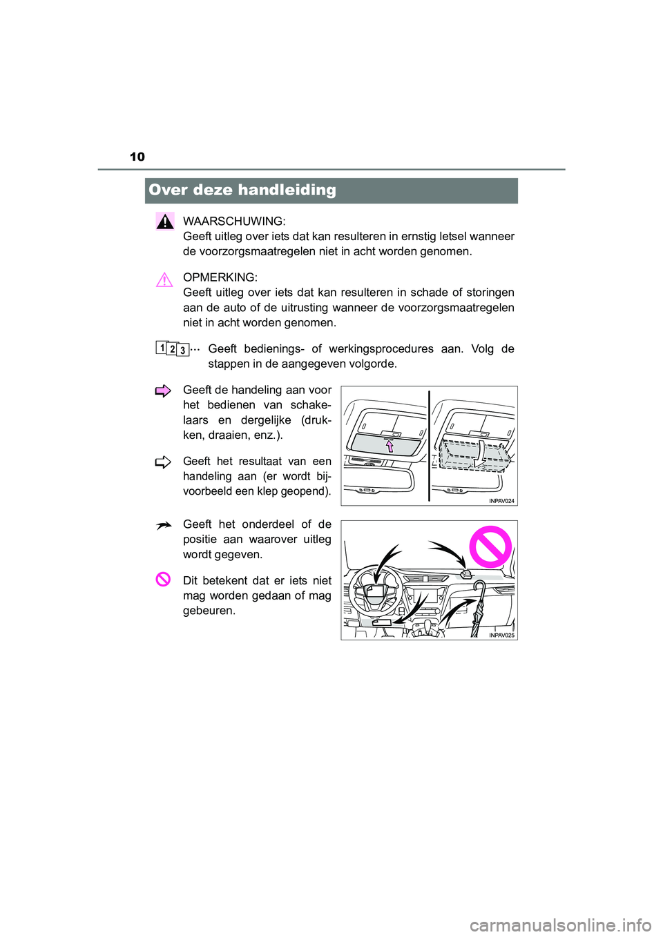 TOYOTA AVENSIS 2016  Instructieboekje (in Dutch) 10
AVENSIS_OM_OM20C20E_(EE)
Over deze handleiding
WAARSCHUWING: 
Geeft uitleg over iets dat kan resulteren in ernstig letsel wanneer
de voorzorgsmaatregelen niet in acht worden genomen.
OPMERKING: 
Ge