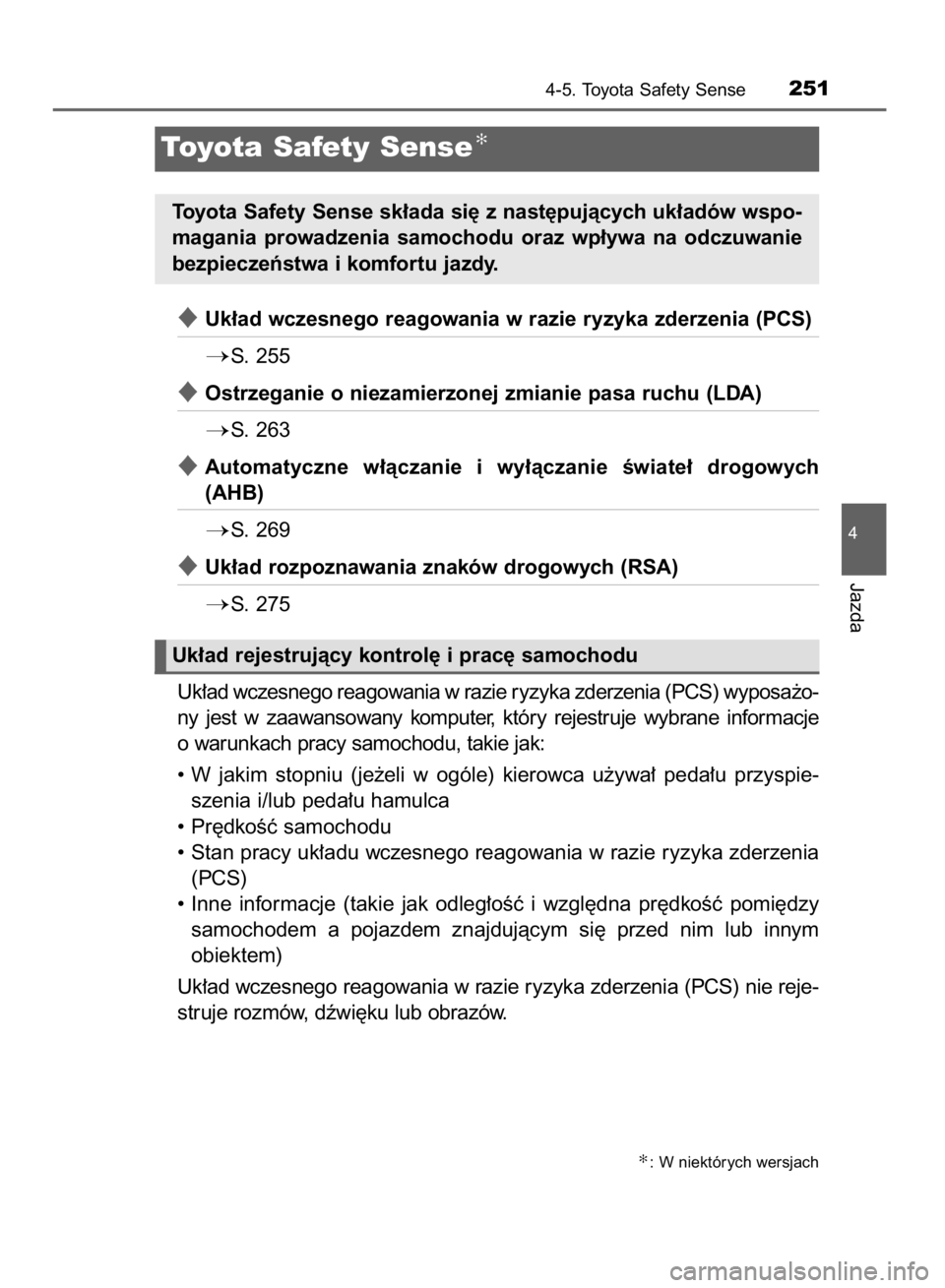 TOYOTA AVENSIS 2016 Instrukcja obsługi (in Polish) Uk∏ad wczesnego reagowania w razie ryzyka zderzenia (PCS)
S. 255
Ostrzeganie o niezamierzonej zmianie pasa ruchu (LDA)
S. 263
Automatyczne w∏àczanie i wy∏àczanie Êwiate∏ drogowyc TOYOTA AVENSIS 2016 Instrukcja obsługi (in Polish) Uk∏ad wczesnego reagowania w razie ryzyka zderzenia (PCS)
S. 255
Ostrzeganie o niezamierzonej zmianie pasa ruchu (LDA)
S. 263
Automatyczne w∏àczanie i wy∏àczanie Êwiate∏ drogowyc