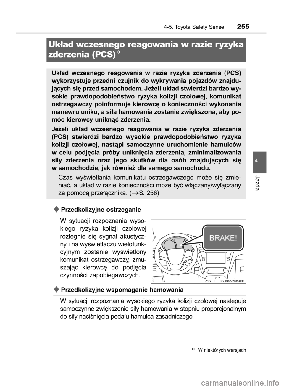 TOYOTA AVENSIS 2016 Instrukcja obsługi (in Polish) Przedkolizyjne ostrzeganie
W sytuacji rozpoznania wyso-
kiego ryzyka kolizji czo∏owej
rozlegnie si´ sygna∏ akustycz-
ny i na wyÊwietlaczu wielofunk-
cyjnym zostanie wyÊwietlony
komun TOYOTA AVENSIS 2016 Instrukcja obsługi (in Polish) Przedkolizyjne ostrzeganie
W sytuacji rozpoznania wyso-
kiego ryzyka kolizji czo∏owej
rozlegnie si´ sygna∏ akustycz-
ny i na wyÊwietlaczu wielofunk-
cyjnym zostanie wyÊwietlony
komun