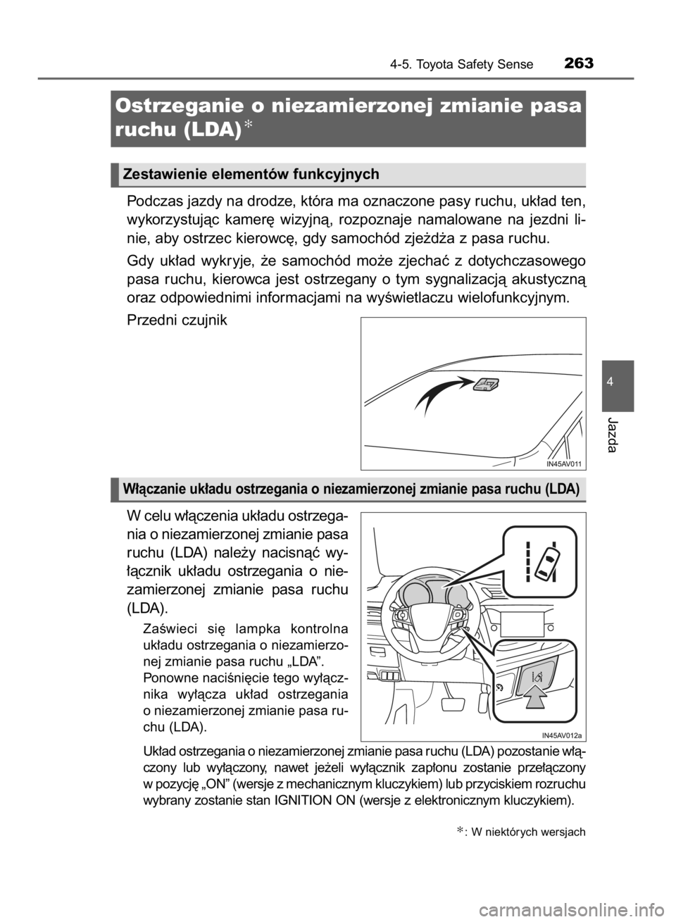 TOYOTA AVENSIS 2016 Instrukcja obsługi (in Polish) Podczas jazdy na drodze, która ma oznaczone pasy ruchu, uk∏ad ten,
wykorzystujàc kamer´ wizyjnà, rozpoznaje namalowane na jezdni li-
nie, aby ostrzec kierowc´, gdy samochód zje˝d˝a z TOYOTA AVENSIS 2016 Instrukcja obsługi (in Polish) Podczas jazdy na drodze, która ma oznaczone pasy ruchu, uk∏ad ten,
wykorzystujàc kamer´ wizyjnà, rozpoznaje namalowane na jezdni li-
nie, aby ostrzec kierowc´, gdy samochód zje˝d˝a z