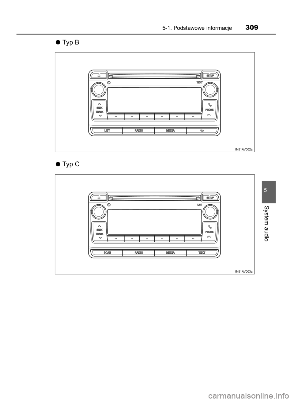 TOYOTA AVENSIS 2016  Instrukcja obsługi (in Polish) Typ B
Typ C
5-1. Podstawowe informacje309
5
System audio
10 IO AVENSIS OM20C20E  10/4/15  9:23  Page 309    (Black plate) 