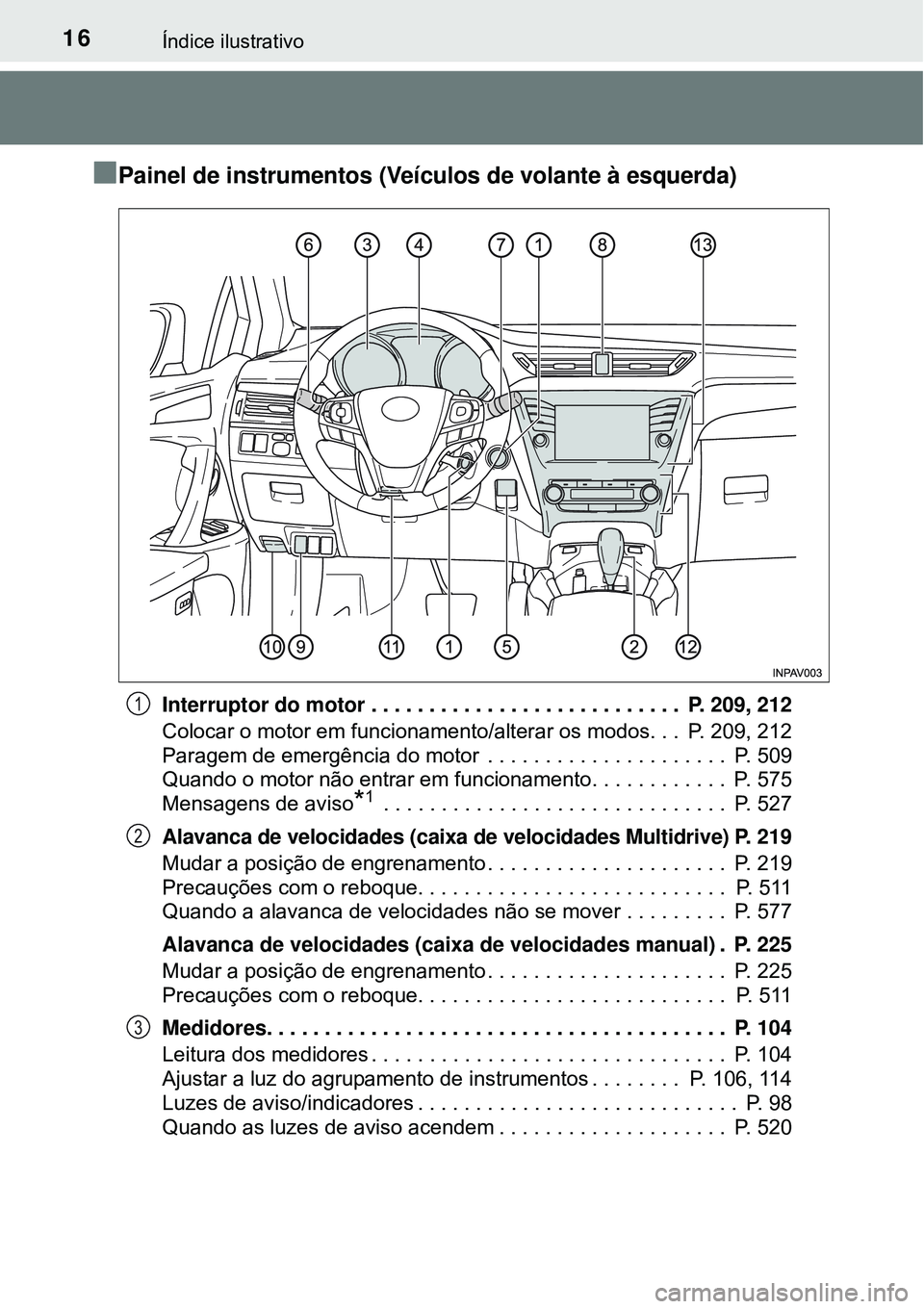 TOYOTA AVENSIS 2016 Manual de utilização (in Portuguese) 16Índice ilustrativo
nPainel de instrumentos (Veículos de volante à esquerda)
Interruptor do motor . . . . . . . . . . . . . . . . . . . . . . . . . . . P. 209, 212
Colocar o motor em funcionament TOYOTA AVENSIS 2016 Manual de utilização (in Portuguese) 16Índice ilustrativo
nPainel de instrumentos (Veículos de volante à esquerda)
Interruptor do motor . . . . . . . . . . . . . . . . . . . . . . . . . . . P. 209, 212
Colocar o motor em funcionament