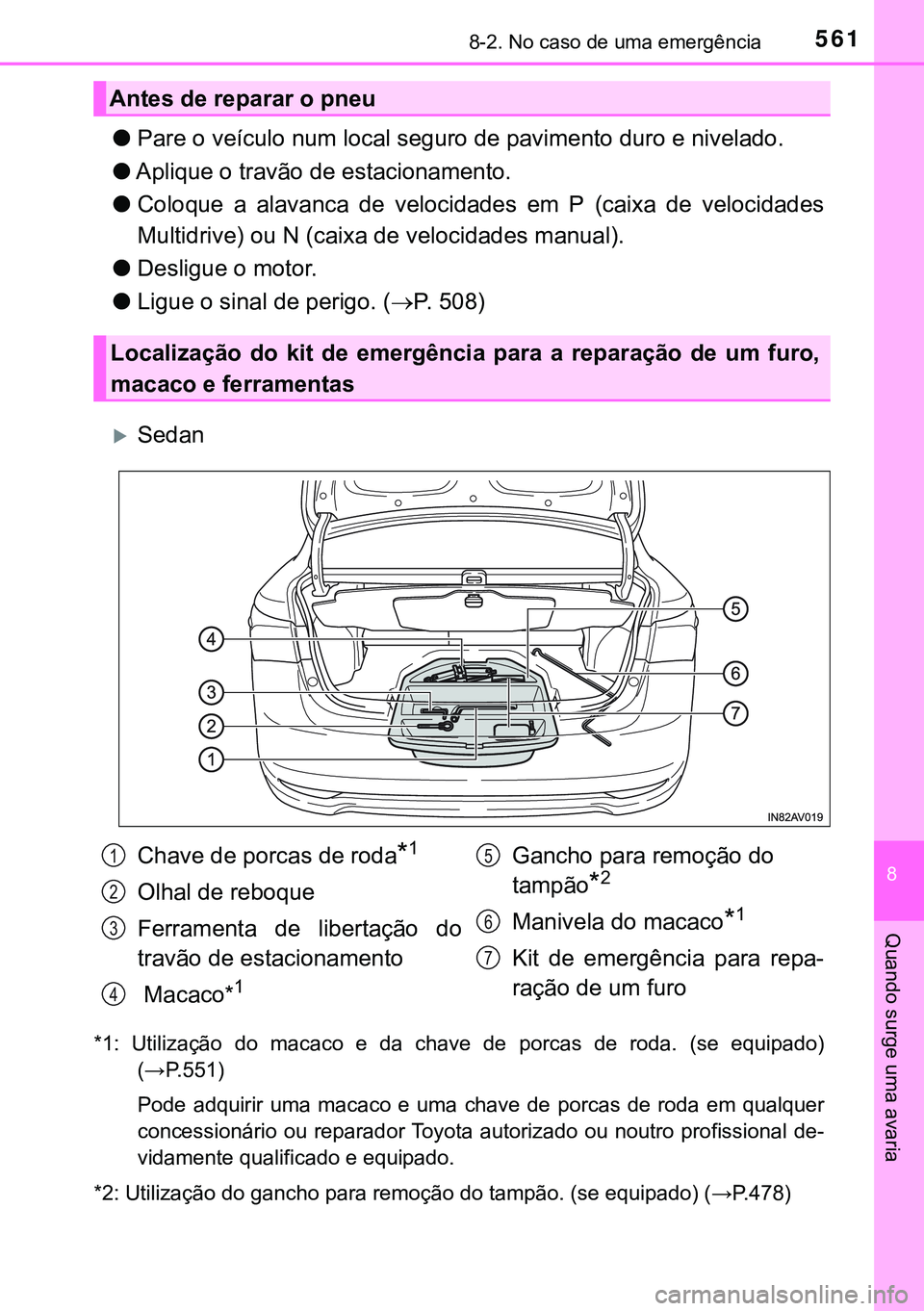 TOYOTA AVENSIS 2016  Manual de utilização (in Portuguese) 5618-2. No caso de uma emergência
8
Quando surge uma avaria
lPare o veículo num local seguro de pavimento duro e nivelado.
lAplique o travão de estacionamento.
lColoque a alavanca de velocidades em