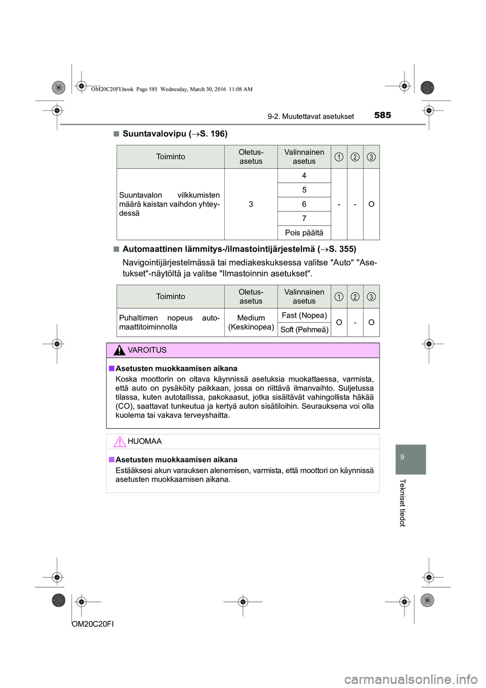 TOYOTA AVENSIS 2016 Omistajan Käsikirja (in Finnish) 5859-2. Muutettavat asetukset
OM20C20FI
9
Tekniset tiedot
nSuuntavalovipu (S. 196)
nAutomaattinen lämmitys-/ilmastointijärjestelmä ( S. 355)
Navigointijärjestelmässä tai mediak eskuksessa TOYOTA AVENSIS 2016 Omistajan Käsikirja (in Finnish) 5859-2. Muutettavat asetukset
OM20C20FI
9
Tekniset tiedot
nSuuntavalovipu (S. 196)
nAutomaattinen lämmitys-/ilmastointijärjestelmä ( S. 355)
Navigointijärjestelmässä tai mediak eskuksessa