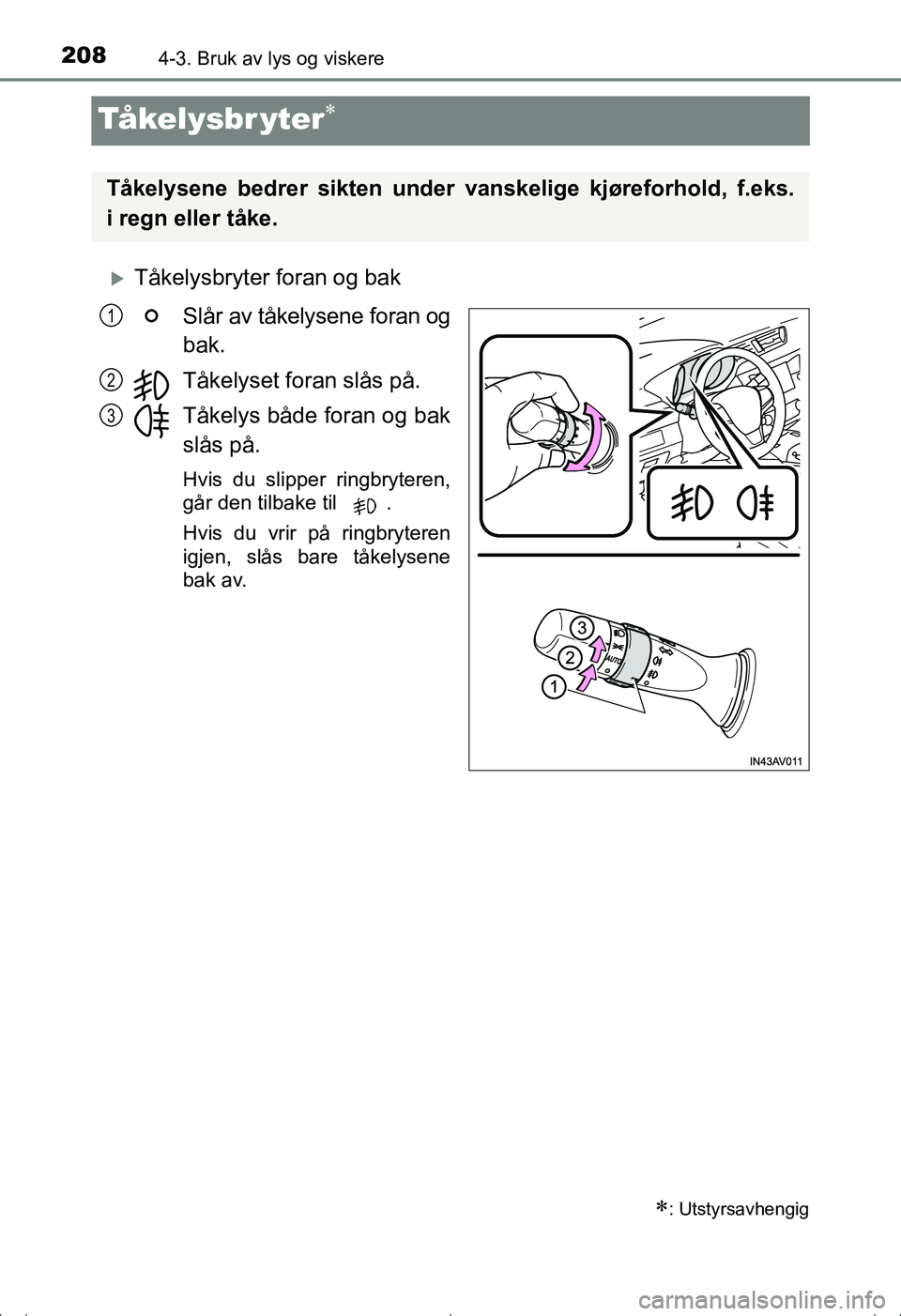 TOYOTA AVENSIS 2016  Instruksjoner for bruk (in Norwegian) 2084-3. Bruk av lys og viskere
OM20C20NO
Tå ke l y s b r y t e r
Tåkelysbryter foran og bakSlår av tåkelysene foran og
bak.
Tåkelyset foran slås på.
Tåkelys både foran og bak
slås på.