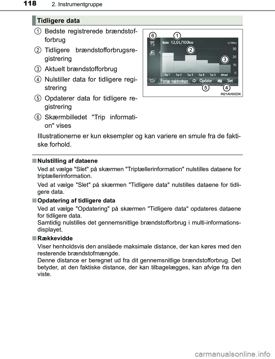 TOYOTA AVENSIS 2017  Brugsanvisning (in Danish) 1182. Instrumentgruppe
OM20C66DK
Bedste registrerede brændstof-
forbrug
Tidligere brændstofforbrugsre-
gistrering
Aktuelt brændstofforbrug
Nulstiller data for tidligere regi-
strering
Opdaterer dat