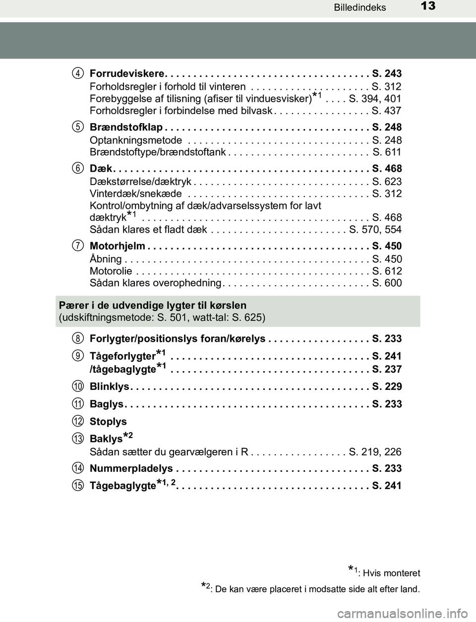 TOYOTA AVENSIS 2017  Brugsanvisning (in Danish) 13Billedindeks
OM20C66DKForrudeviskere. . . . . . . . . . . . . . . . . . . . . . . . . . . . . . . . . . . . S. 243
Forholdsregler i forhold til vinteren  . . . . . . . . . . . . . . . . . . . . . S.