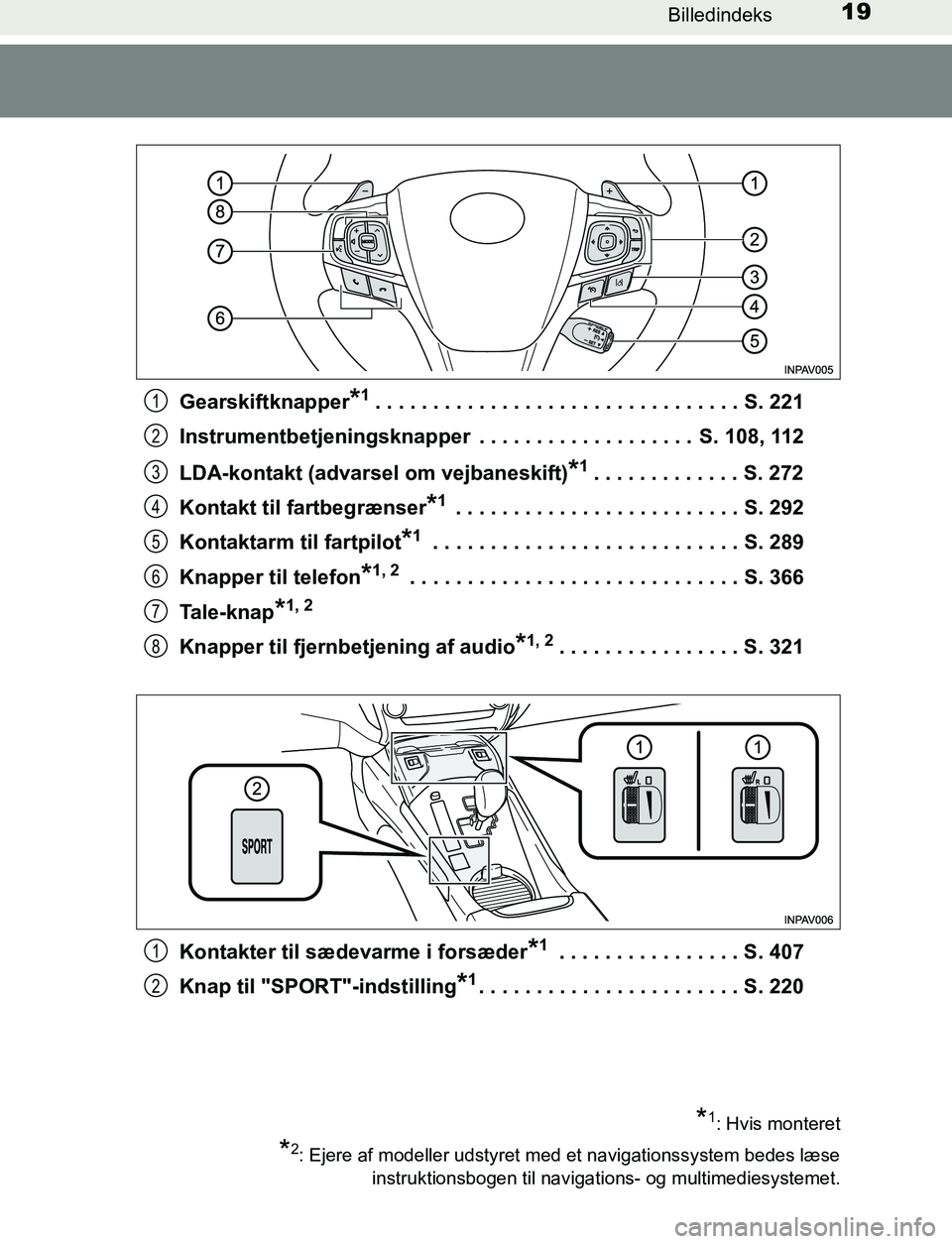 TOYOTA AVENSIS 2017  Brugsanvisning (in Danish) 19Billedindeks
OM20C66DKGearskiftknapper
*1. . . . . . . . . . . . . . . . . . . . . . . . . . . . . . . . S. 221
Instrumentbetjeningsknapper  . . . . . . . . . . . . . . . . . . .  S. 108, 112
LDA-ko