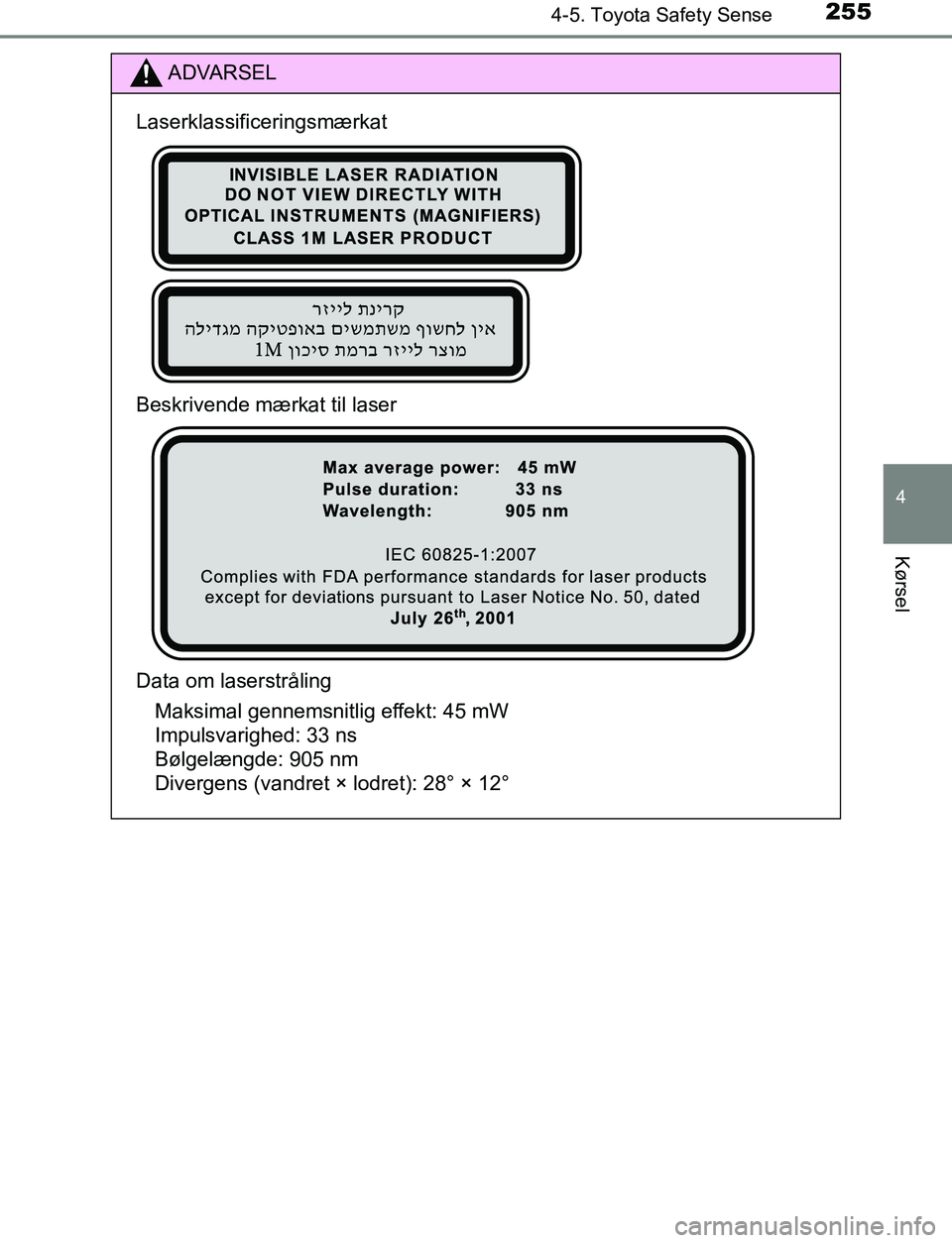 TOYOTA AVENSIS 2017  Brugsanvisning (in Danish) 2554-5. Toyota Safety Sense
4
Kørsel
OM20C66DK
ADVARSEL
Laserklassificeringsmærkat
Beskrivende mærkat til laser
Data om laserstråling Maksimal gennemsnitlig effekt: 45 mW
Impulsvarighed: 33 ns
Bø