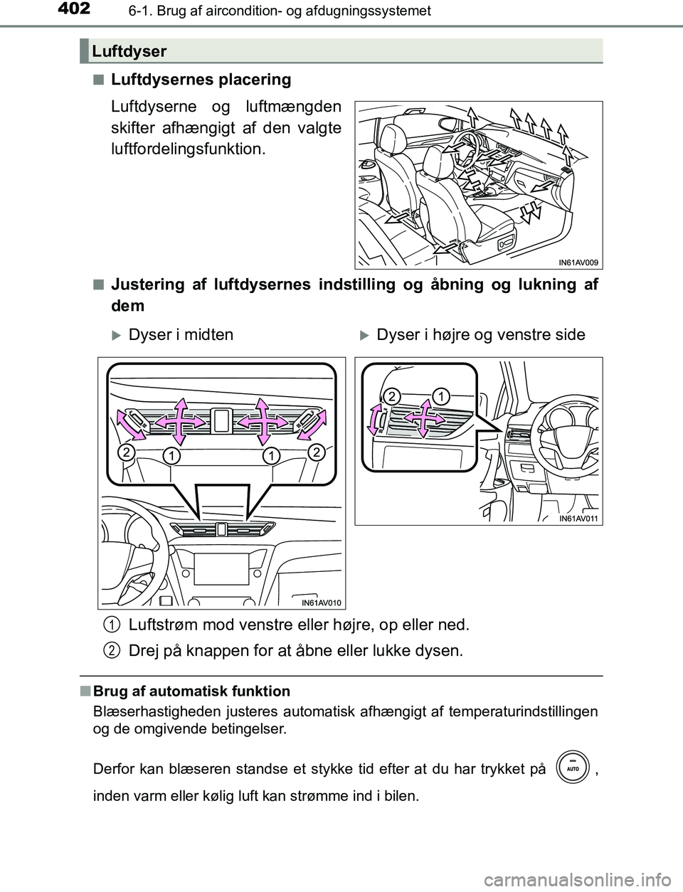 TOYOTA AVENSIS 2017  Brugsanvisning (in Danish) 4026-1. Brug af aircondition- og afdugningssystemet
OM20C66DKn
Luftdysernes placering
Luftdyserne og luftmængden
skifter afhængigt af den valgte
luftfordelingsfunktion.
nJustering af luftdysernes in