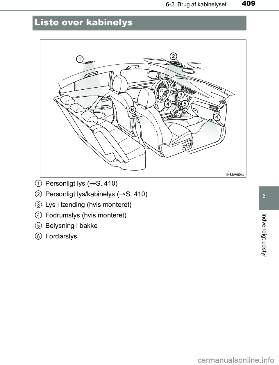 TOYOTA AVENSIS 2017  Brugsanvisning (in Danish) 4096-2. Brug af kabinelyset
OM20C66DK
6
Indvendigt udstyr
Liste over kabinelys
Personligt lys (S. 410)
Personligt lys/kabinelys ( S. 410)
Lys i tænding (hvis monteret)
Fodrumslys (hvis monteret