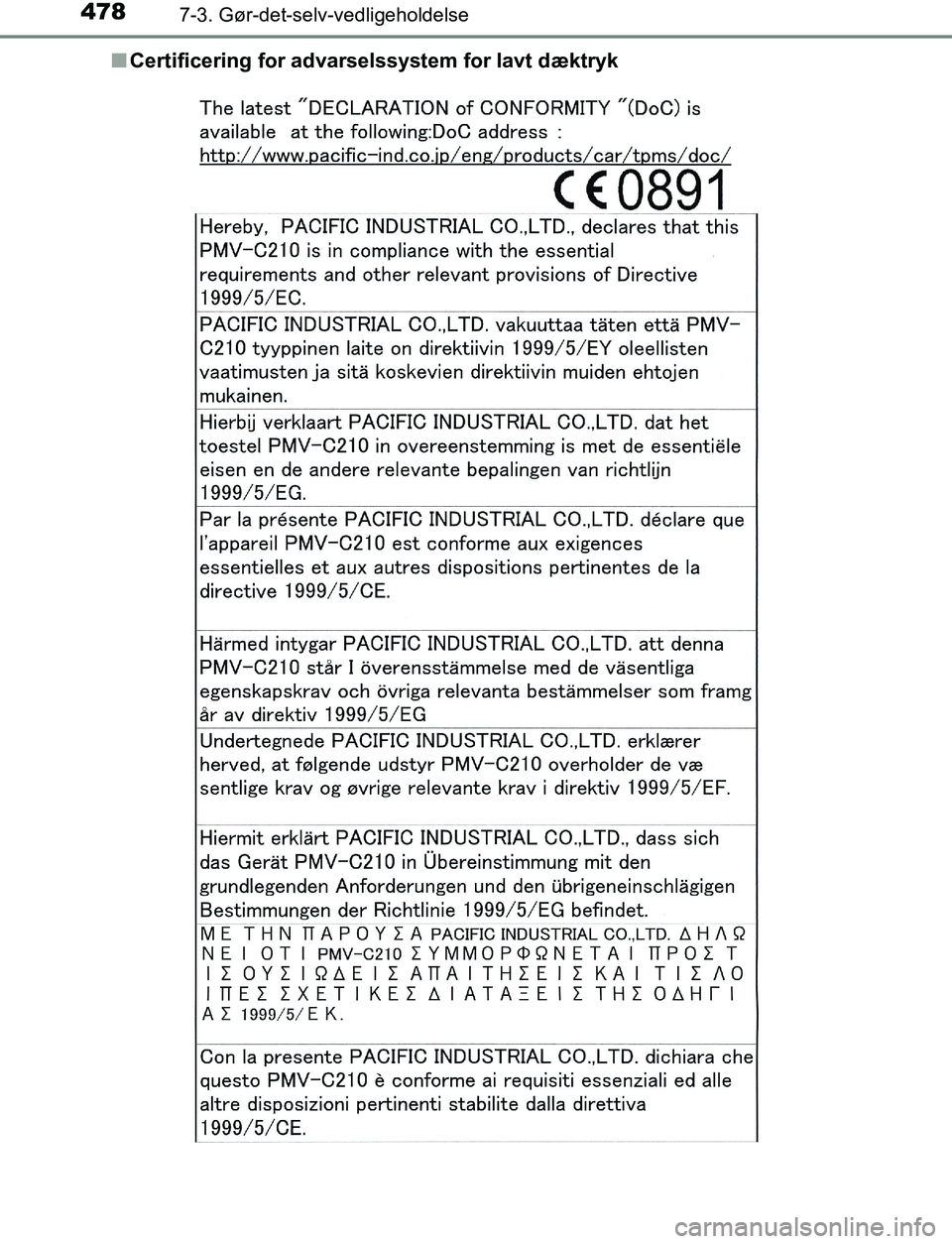 TOYOTA AVENSIS 2017  Brugsanvisning (in Danish) 4787-3. Gør-det-selv-vedligeholdelse
OM20C66DKn
Certificering for advarselssystem for lavt dæktryk
OM20C66DK.book  Page 478  Thursday, January 12, 2017  4:30 PM 