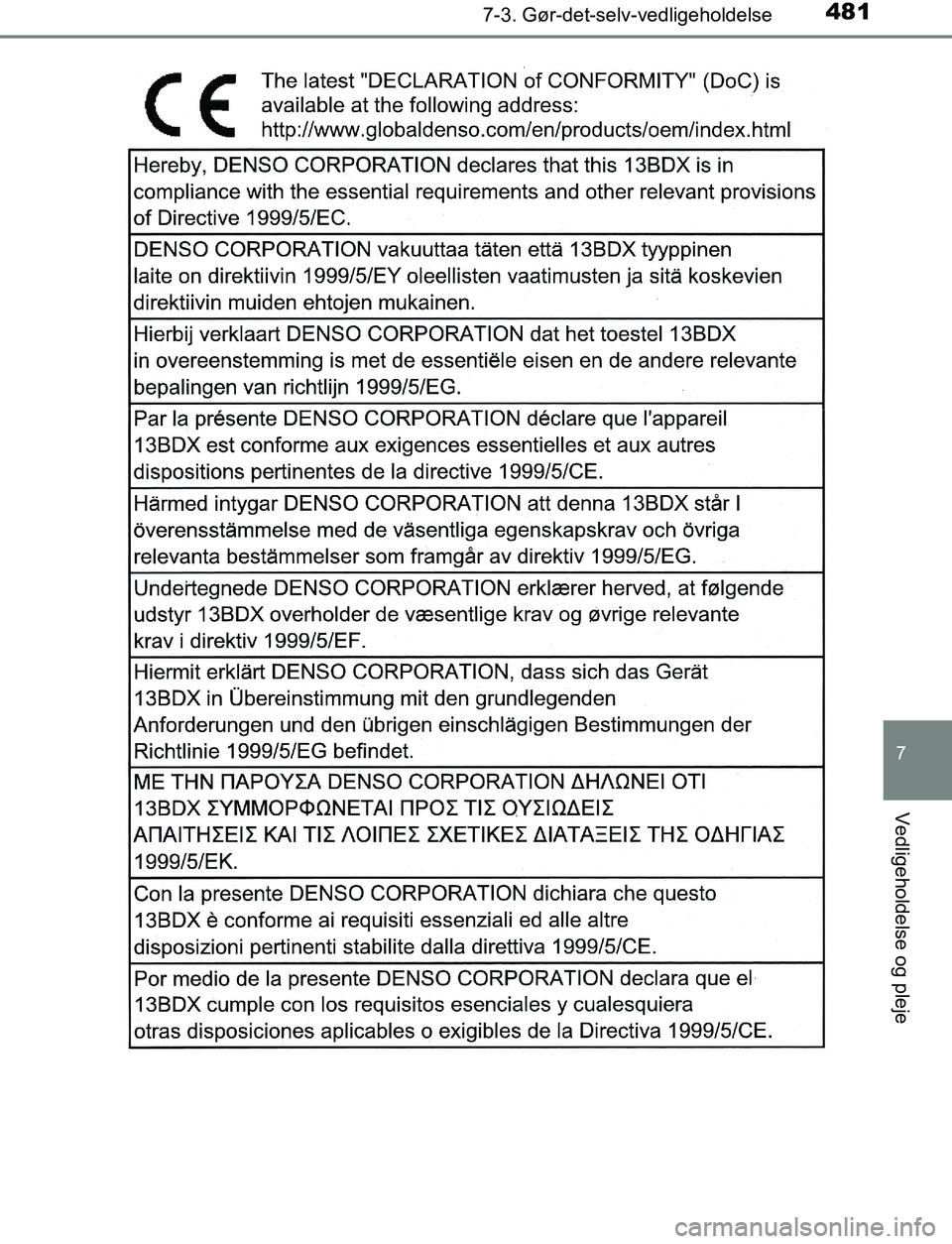 TOYOTA AVENSIS 2017  Brugsanvisning (in Danish) 4817-3. Gør-det-selv-vedligeholdelse
OM20C66DK
7
Vedligeholdelse og pleje
OM20C66DK.book  Page 481  Thursday, January 12, 2017  4:30 PM 