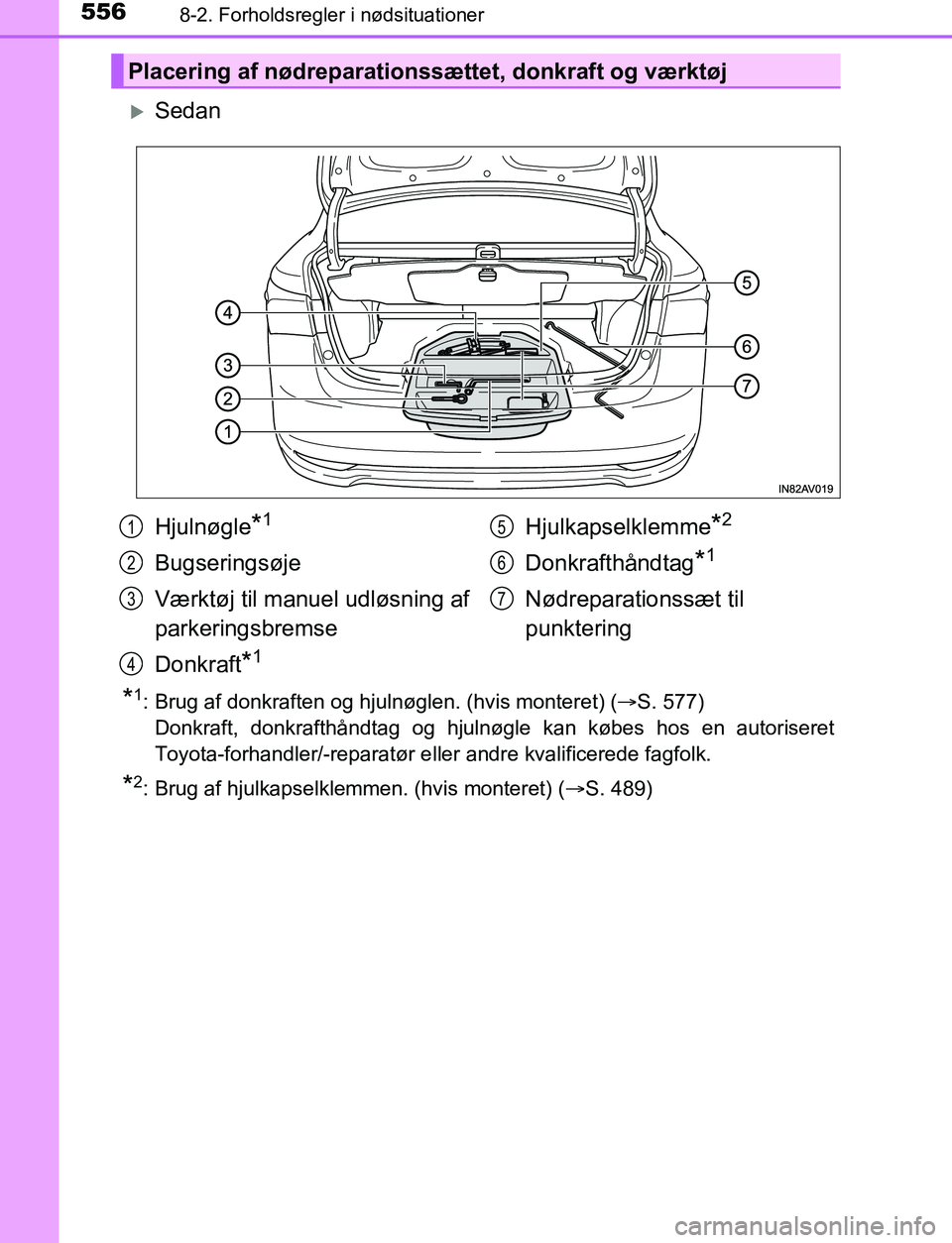TOYOTA AVENSIS 2017  Brugsanvisning (in Danish) 5568-2. Forholdsregler i nødsituationer
OM20C66DK
Sedan
*1: Brug af donkraften og hjulnøglen. (hvis monteret) (S. 577)
Donkraft, donkrafthåndtag og hjulnøgle kan købes hos en autoriseret
To