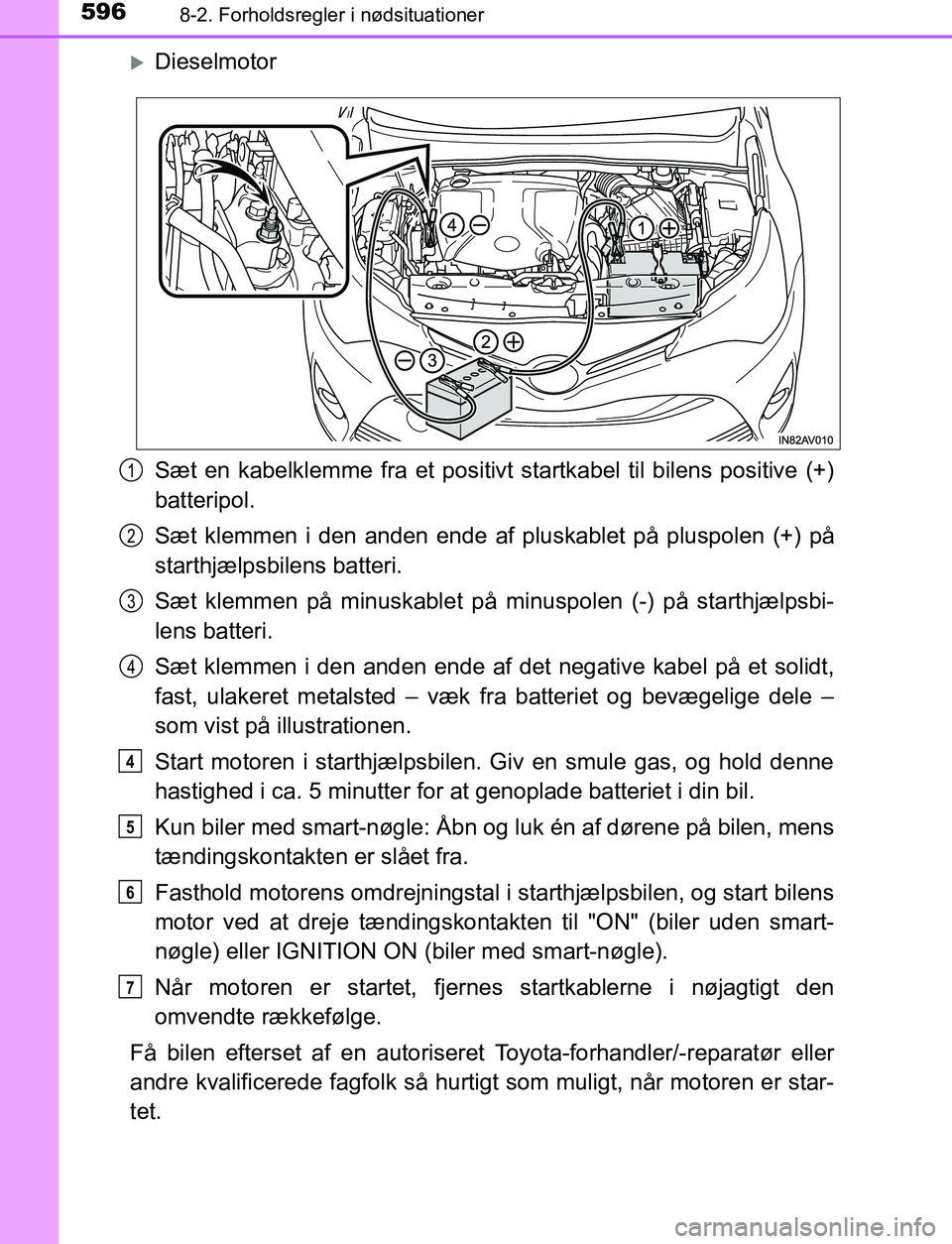 TOYOTA AVENSIS 2017  Brugsanvisning (in Danish) 5968-2. Forholdsregler i nødsituationer
OM20C66DK
Dieselmotor
Sæt en kabelklemme fra et positivt startkabel til bilens positive (+)
batteripol.
Sæt klemmen i den anden ende af pluskablet på plu