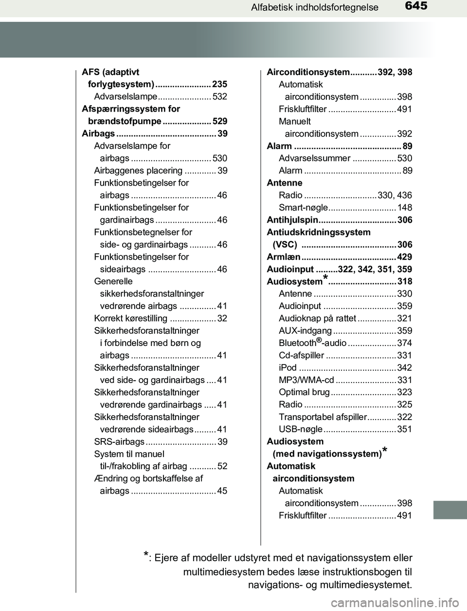 TOYOTA AVENSIS 2017  Brugsanvisning (in Danish) 645Alfabetisk indholdsfortegnelse
OM20C66DK
AFS (adaptivt forlygtesystem) ....................... 235
Advarselslampe...................... 532
Afspærringssystem for  brændstofpumpe .................