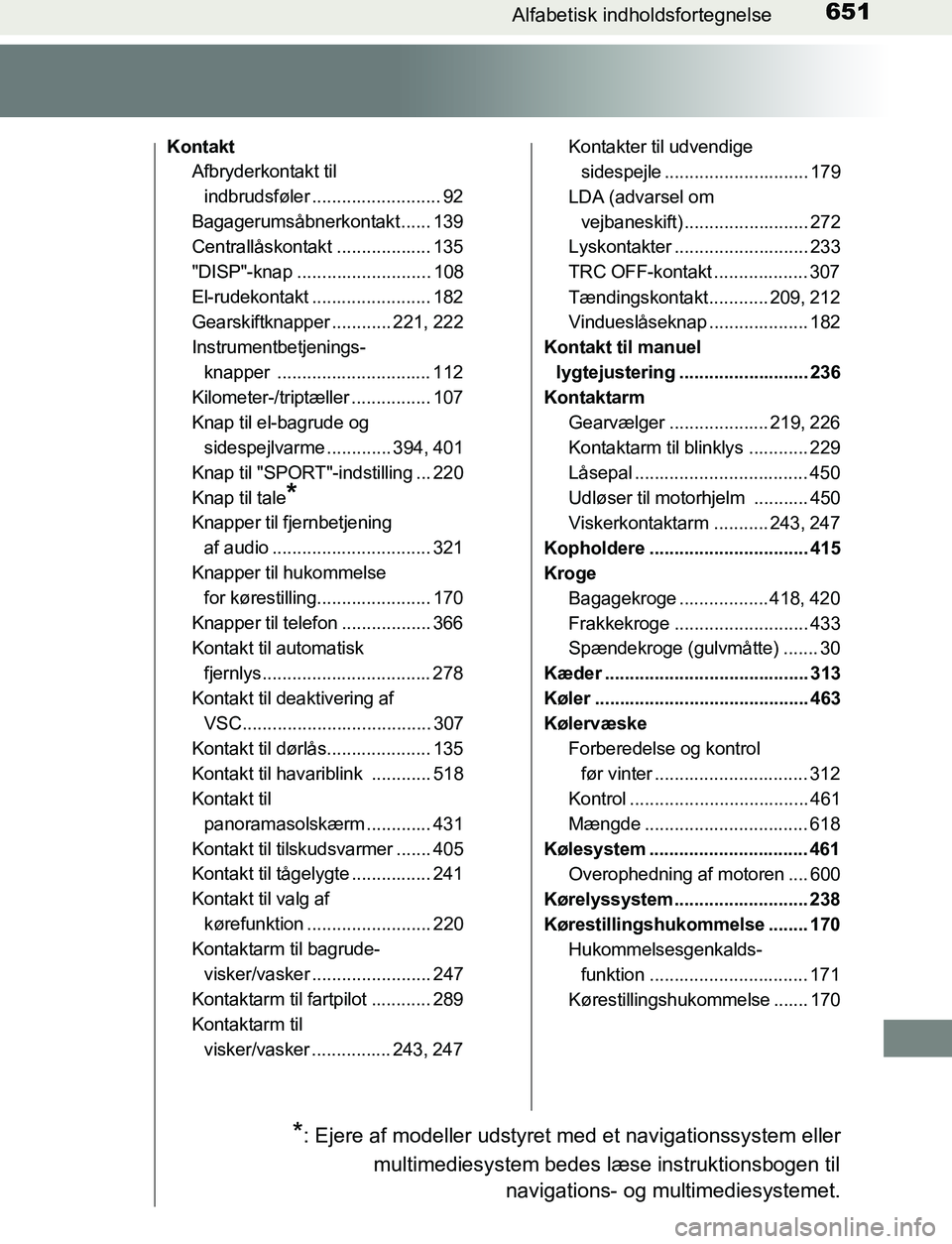 TOYOTA AVENSIS 2017  Brugsanvisning (in Danish) 651Alfabetisk indholdsfortegnelse
OM20C66DK
KontaktAfbryderkontakt til 
indbrudsføler .......................... 92
Bagagerumsåbnerkontakt ...... 139
Centrallåskontakt ................... 135
"DISP