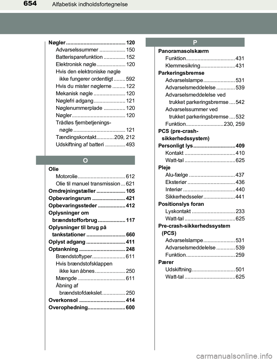 TOYOTA AVENSIS 2017  Brugsanvisning (in Danish) 654Alfabetisk indholdsfortegnelse
OM20C66DK
Nøgler ......................................... 120Advarselssummer .................. 150
Batterisparefunktion ............... 152
Elektronisk nøgle.....