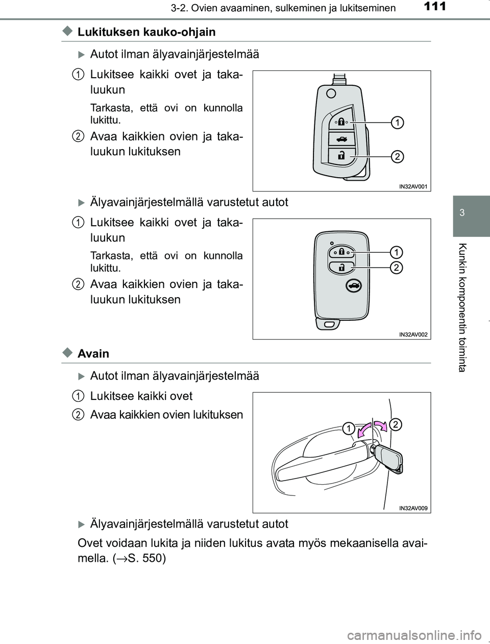 TOYOTA AVENSIS 2017  Omistajan Käsikirja (in Finnish) 1113-2. Ovien avaaminen, sulkeminen ja lukitseminen
3
Kunkin komponentin toiminta
OM20C66FI
uLukituksen kauko-ohjain
Autot ilman älyavainjärjestelmää
Lukitsee kaikki ovet ja taka-
luukun
Tarkas