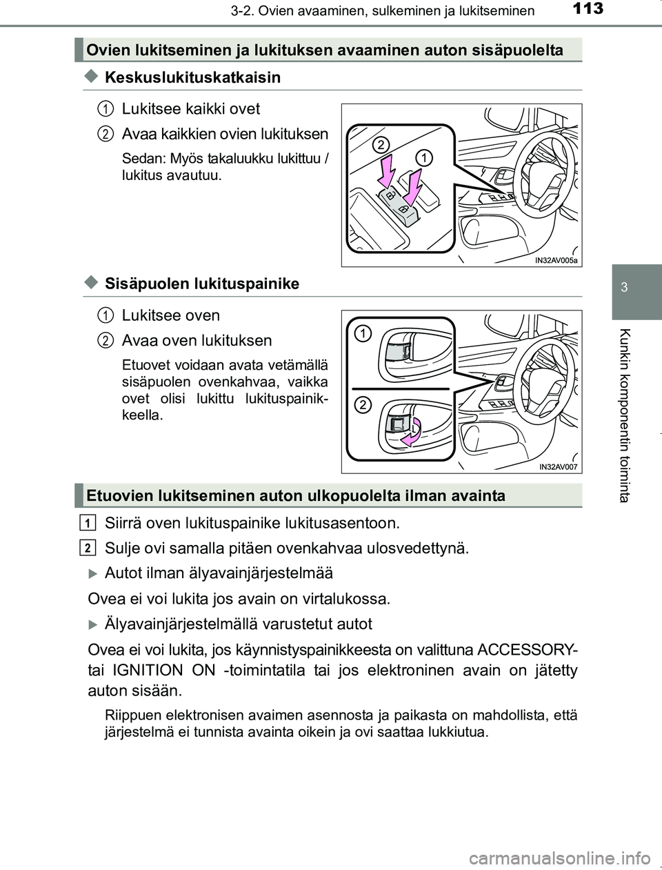 TOYOTA AVENSIS 2017  Omistajan Käsikirja (in Finnish) 1133-2. Ovien avaaminen, sulkeminen ja lukitseminen
3
Kunkin komponentin toiminta
OM20C66FI
uKeskuslukituskatkaisinLukitsee kaikki ovet
Avaa kaikkien ovien lukituksen
Sedan: Myös takaluukku lukittuu 