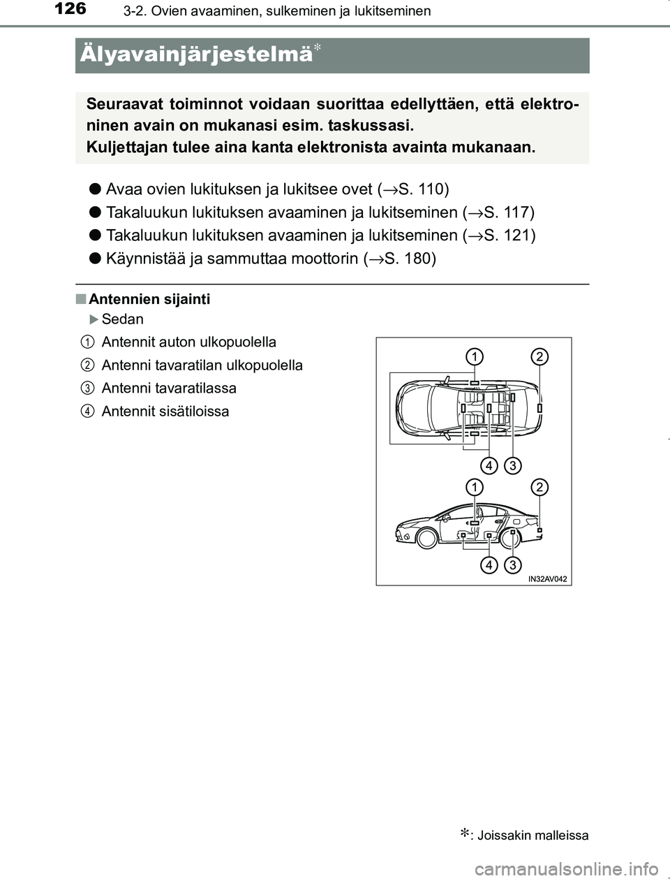 TOYOTA AVENSIS 2017  Omistajan Käsikirja (in Finnish) 1263-2. Ovien avaaminen, sulkeminen ja lukitseminen
OM20C66FI
Älyavainjärjestelmä∗
lAvaa ovien lukituksen ja lukitsee ovet ( →S. 110)
l Takaluukun lukituksen avaaminen ja lukitseminen ( →S. 1