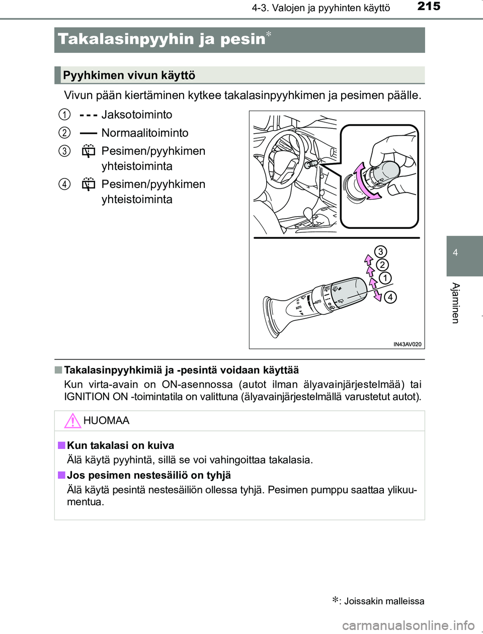 TOYOTA AVENSIS 2017  Omistajan Käsikirja (in Finnish) 215
4
4-3. Valojen ja pyyhinten käyttö
Ajaminen
OM20C66FI
Takalasinpyyhin ja pesin∗
Vivun pään kiertäminen kytkee takalasinpyyhkimen ja pesimen päälle.Jaksotoiminto
Normaalitoiminto
Pesimen/p