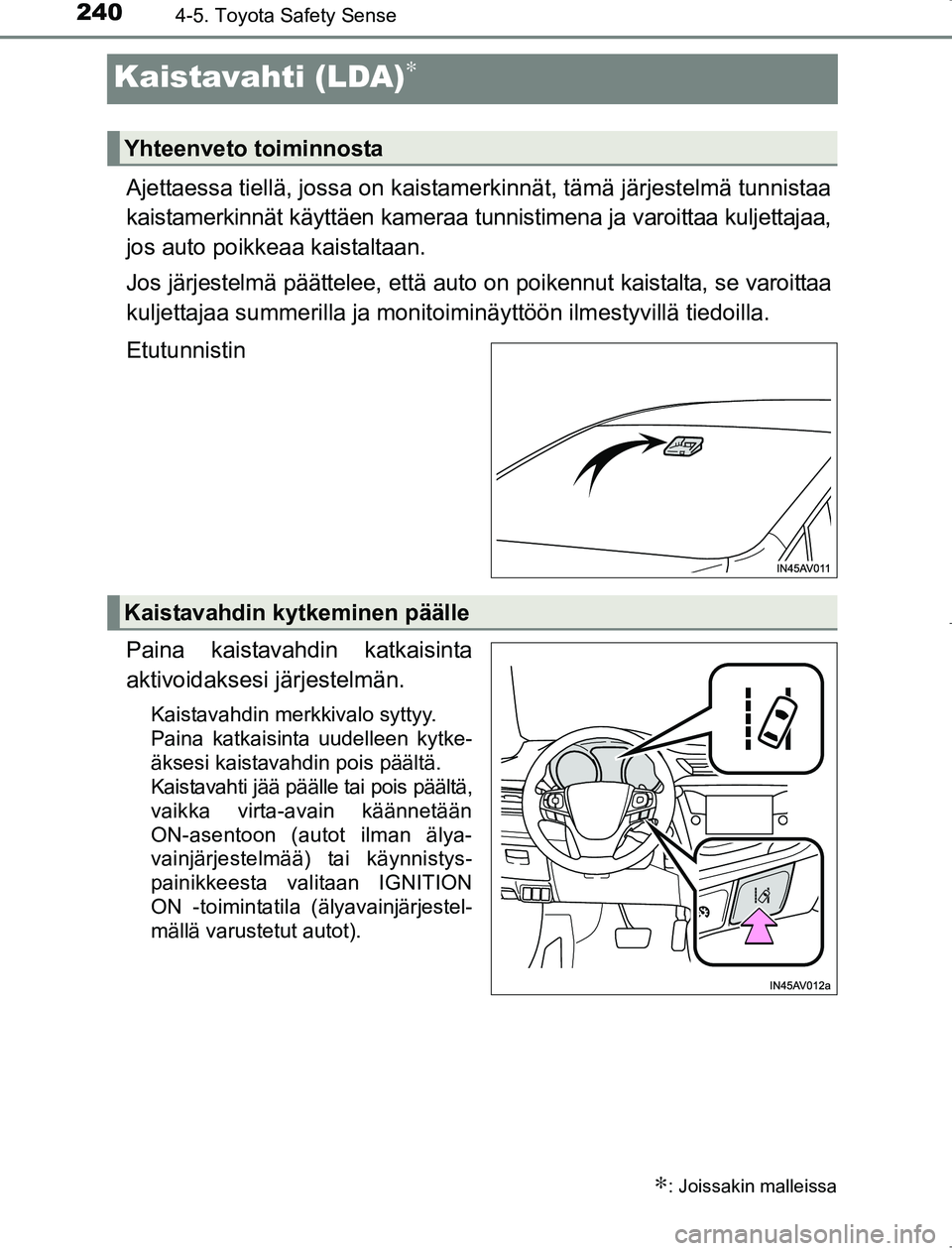 TOYOTA AVENSIS 2017  Omistajan Käsikirja (in Finnish) 2404-5. Toyota Safety Sense
OM20C66FI
Kaistavahti (LDA)∗
Ajettaessa tiellä, jossa on kaistamerkinnät, tämä järjestelmä tunnistaa
kaistamerkinnät käyttäen kameraa tunnistimena ja varoittaa k