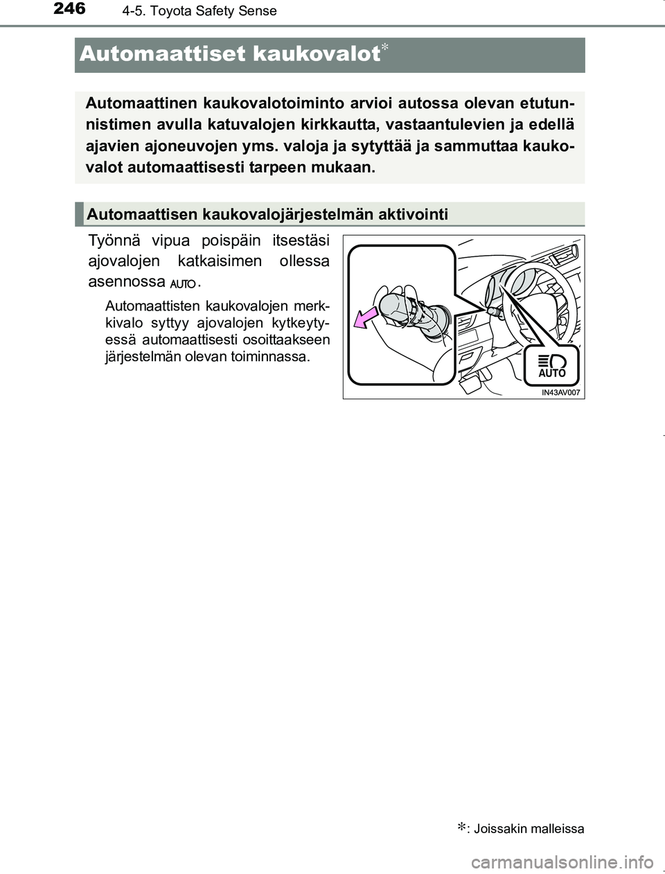 TOYOTA AVENSIS 2017  Omistajan Käsikirja (in Finnish) 2464-5. Toyota Safety Sense
OM20C66FI
Automaattiset kaukovalot∗
Työnnä vipua poispäin itsestäsi
ajovalojen katkaisimen ollessa
asennossa .
Automaattisten kaukovalojen merk-
kivalo syttyy ajovalo