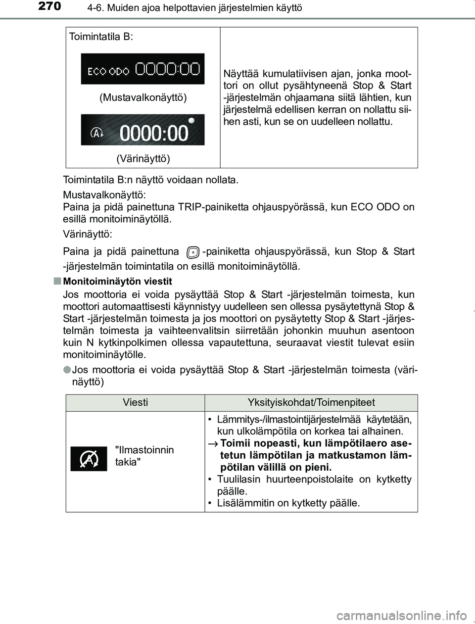 TOYOTA AVENSIS 2017  Omistajan Käsikirja (in Finnish) 2704-6. Muiden ajoa helpottavien järjestelmien käyttö
OM20C66FIToimintatila B:n näyttö voidaan nollata.
Mustavalkonäyttö: 
Paina ja pidä painettuna TRIP-painiketta ohjauspyörässä, kun ECO O
