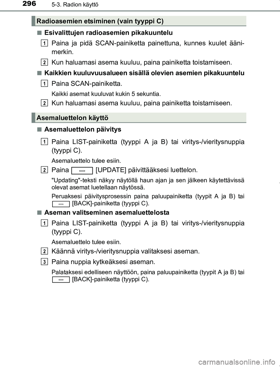 TOYOTA AVENSIS 2017 Omistajan Käsikirja (in Finnish) 2965-3. Radion käyttö
OM20C66FIn
Esivalittujen radioasemien pikakuuntelu
Paina ja pidä SCAN-painiketta painettuna, kunnes kuulet ääni-
merkin.
Kun haluamasi asema kuuluu, paina painiketta toista TOYOTA AVENSIS 2017 Omistajan Käsikirja (in Finnish) 2965-3. Radion käyttö
OM20C66FIn
Esivalittujen radioasemien pikakuuntelu
Paina ja pidä SCAN-painiketta painettuna, kunnes kuulet ääni-
merkin.
Kun haluamasi asema kuuluu, paina painiketta toista