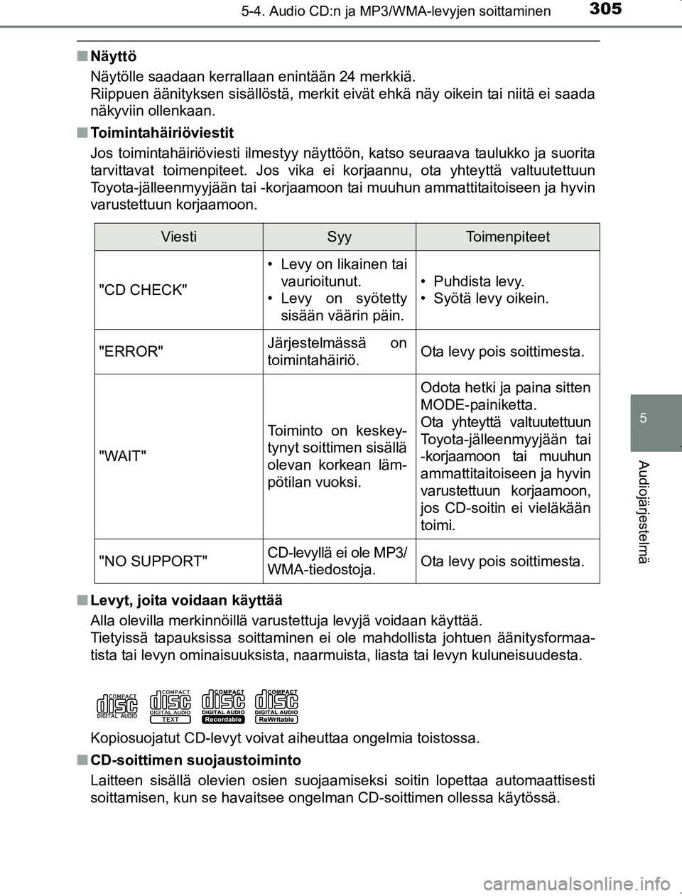 TOYOTA AVENSIS 2017 Omistajan Käsikirja (in Finnish) 3055-4. Audio CD:n ja MP3/WMA-levyjen soittaminen
5
Audiojärjestelmä
OM20C66FI
nNäyttö
Näytölle saadaan kerrallaan enintään 24 merkkiä.
Riippuen äänityksen sisällöstä, merkit eivät ehk TOYOTA AVENSIS 2017 Omistajan Käsikirja (in Finnish) 3055-4. Audio CD:n ja MP3/WMA-levyjen soittaminen
5
Audiojärjestelmä
OM20C66FI
nNäyttö
Näytölle saadaan kerrallaan enintään 24 merkkiä.
Riippuen äänityksen sisällöstä, merkit eivät ehk