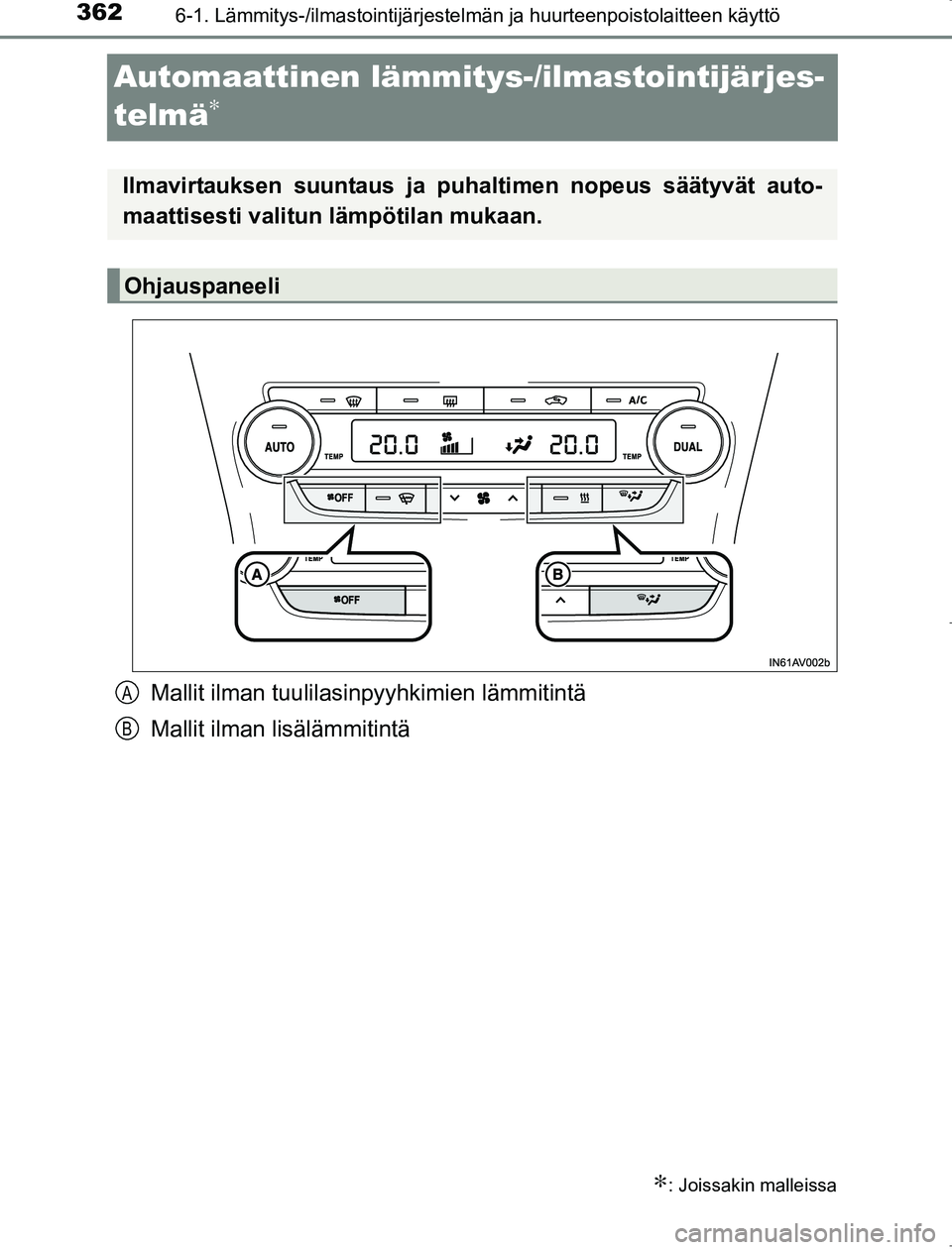 TOYOTA AVENSIS 2017  Omistajan Käsikirja (in Finnish) 3626-1. Lämmitys-/ilmastointijärjestelmän ja huurteenpoistolaitteen käyttö
OM20C66FI
Automaattinen lämmitys-/ilmastointijärjes-
telmä
∗
Mallit ilman tuulilasinpyyhkimien lämmitintä
Mallit 