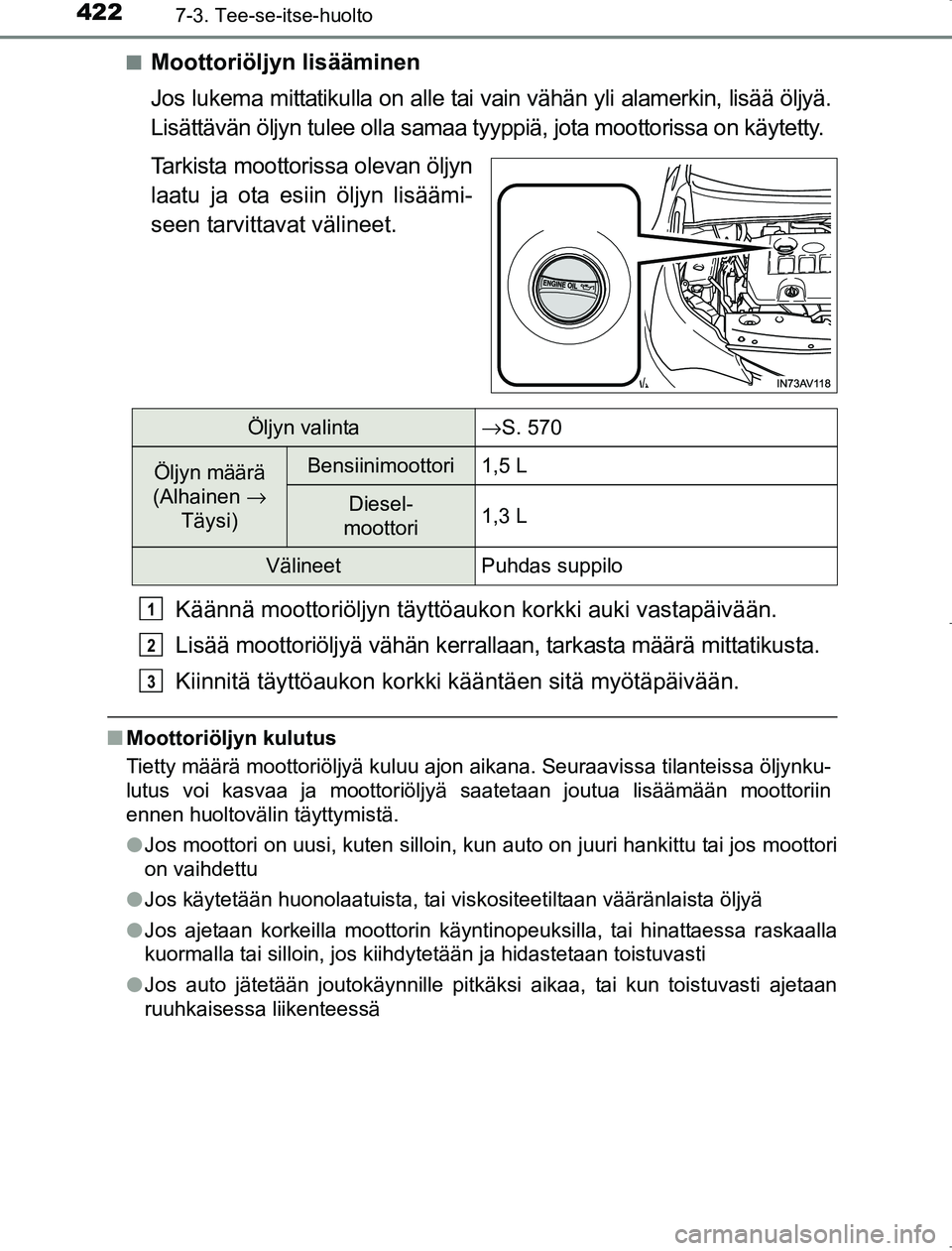 TOYOTA AVENSIS 2017 Omistajan Käsikirja (in Finnish) 4227-3. Tee-se-itse-huolto
OM20C66FIn
Moottoriöljyn lisääminen
Jos lukema mittatikulla on alle tai vain vähän yli alamerkin, lisää öljyä.
Lisättävän öljyn tulee olla samaa tyyppiä, jota TOYOTA AVENSIS 2017 Omistajan Käsikirja (in Finnish) 4227-3. Tee-se-itse-huolto
OM20C66FIn
Moottoriöljyn lisääminen
Jos lukema mittatikulla on alle tai vain vähän yli alamerkin, lisää öljyä.
Lisättävän öljyn tulee olla samaa tyyppiä, jota