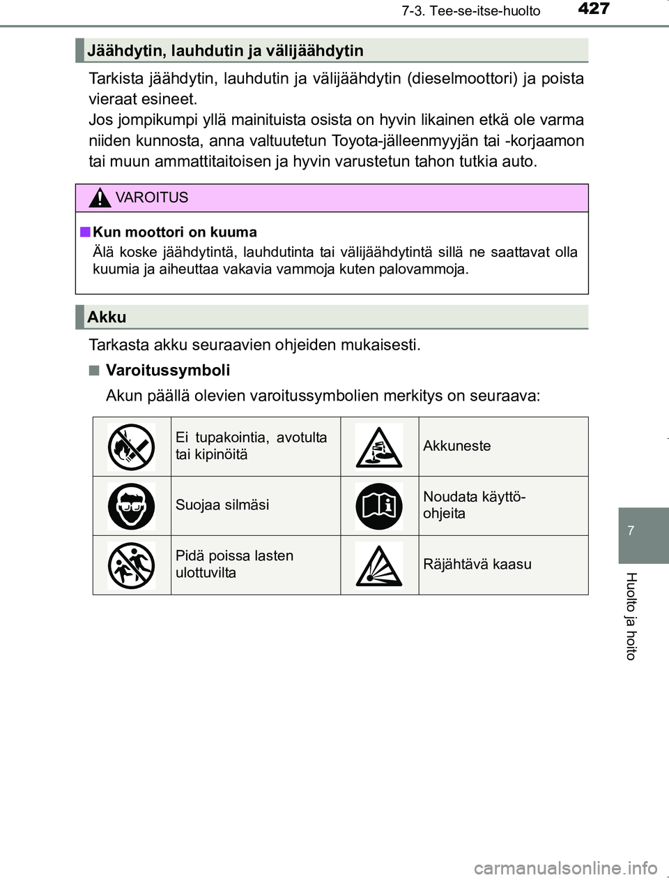 TOYOTA AVENSIS 2017  Omistajan Käsikirja (in Finnish) 4277-3. Tee-se-itse-huolto
OM20C66FI
7
Huolto ja hoito
Tarkista jäähdytin, lauhdutin ja välijäähdytin (dieselmoottori) ja poista
vieraat esineet. 
Jos jompikumpi yllä mainituista osista on hyvin