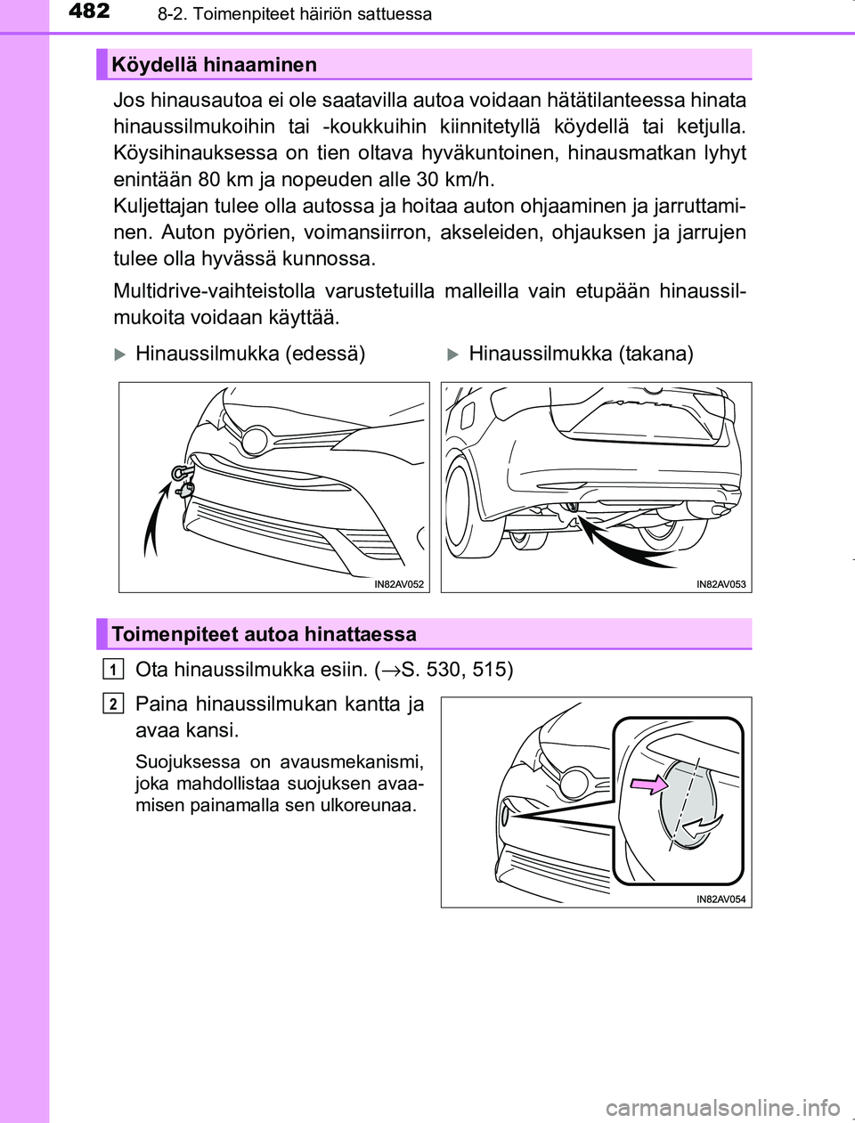 TOYOTA AVENSIS 2017  Omistajan Käsikirja (in Finnish) 4828-2. Toimenpiteet häiriön sattuessa
OM20C66FI
Jos hinausautoa ei ole saatavilla autoa voidaan hätätilanteessa hinata
hinaussilmukoihin tai -koukkuihin k iinnitetyllä köydellä tai ketjulla.
K