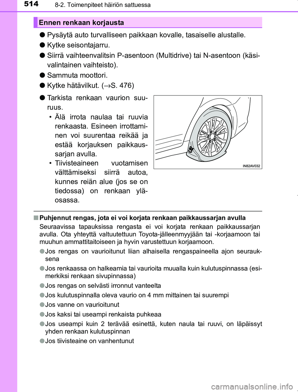TOYOTA AVENSIS 2017  Omistajan Käsikirja (in Finnish) 5148-2. Toimenpiteet häiriön sattuessa
OM20C66FI
lPysäytä auto turvalliseen paikkaan  kovalle, tasaiselle alustalle.
l Kytke seisontajarru.
l Siirrä vaihteenvalitsin P-asentoon  (Multidrive) tai 