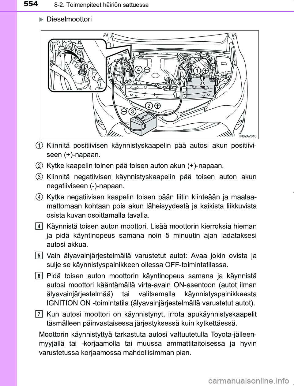 TOYOTA AVENSIS 2017  Omistajan Käsikirja (in Finnish) 5548-2. Toimenpiteet häiriön sattuessa
OM20C66FI
Dieselmoottori
Kiinnitä positiivisen käynnistyskaapelin pää autosi akun positiivi-
seen (+)-napaan.
Kytke kaapelin toinen pää toisen auton a